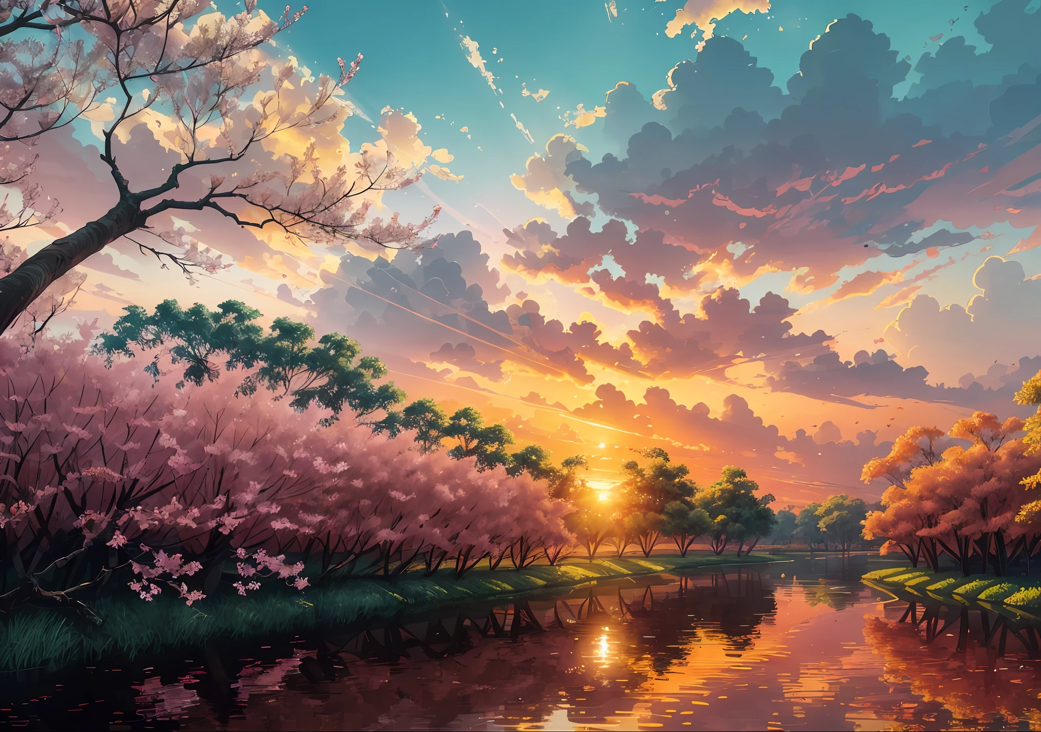 An absolutely stunning sunset over a river, with a mixture of oranges, pinks and yellows filling the sky. The crystal clear waters of the river advancing on the banks of the river, with white sand stretching everywhere. The scene is dynamic and breathtaking, with birds flying high in the sky and jatobás swaying gently. A beautiful atmosphere with rays of the sun leaking through the leaves of the jatoba trees. Intricate details, 8k --auto --s2