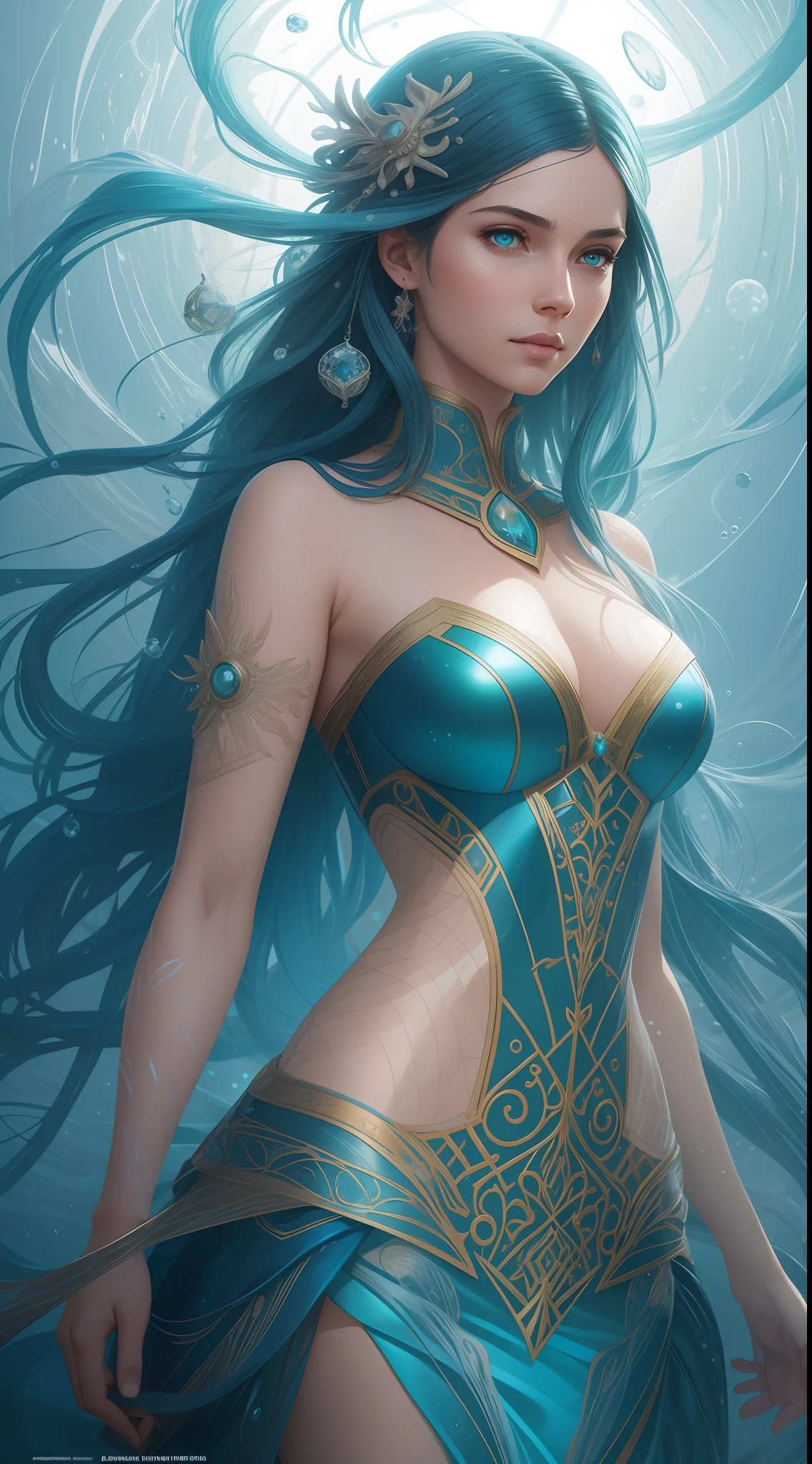 sea princess, seabed, high detailing, 8k photography, long hair that blends with the sea, blue hair, brown eyes, aquatic dress that blends with the sea, elegant, hyper beauty, hyper realistic hands, intricate, elegant, highly detailed, digital painting, concept art, cinematic maritime scenery, blue dress dress style scales made with water, Smooth and sharp focus, illustration as imagined by Greg Rutkowski and Borris Vallejo, geometric shadows, bright lights, symmetry, depth of field, water bubbles around