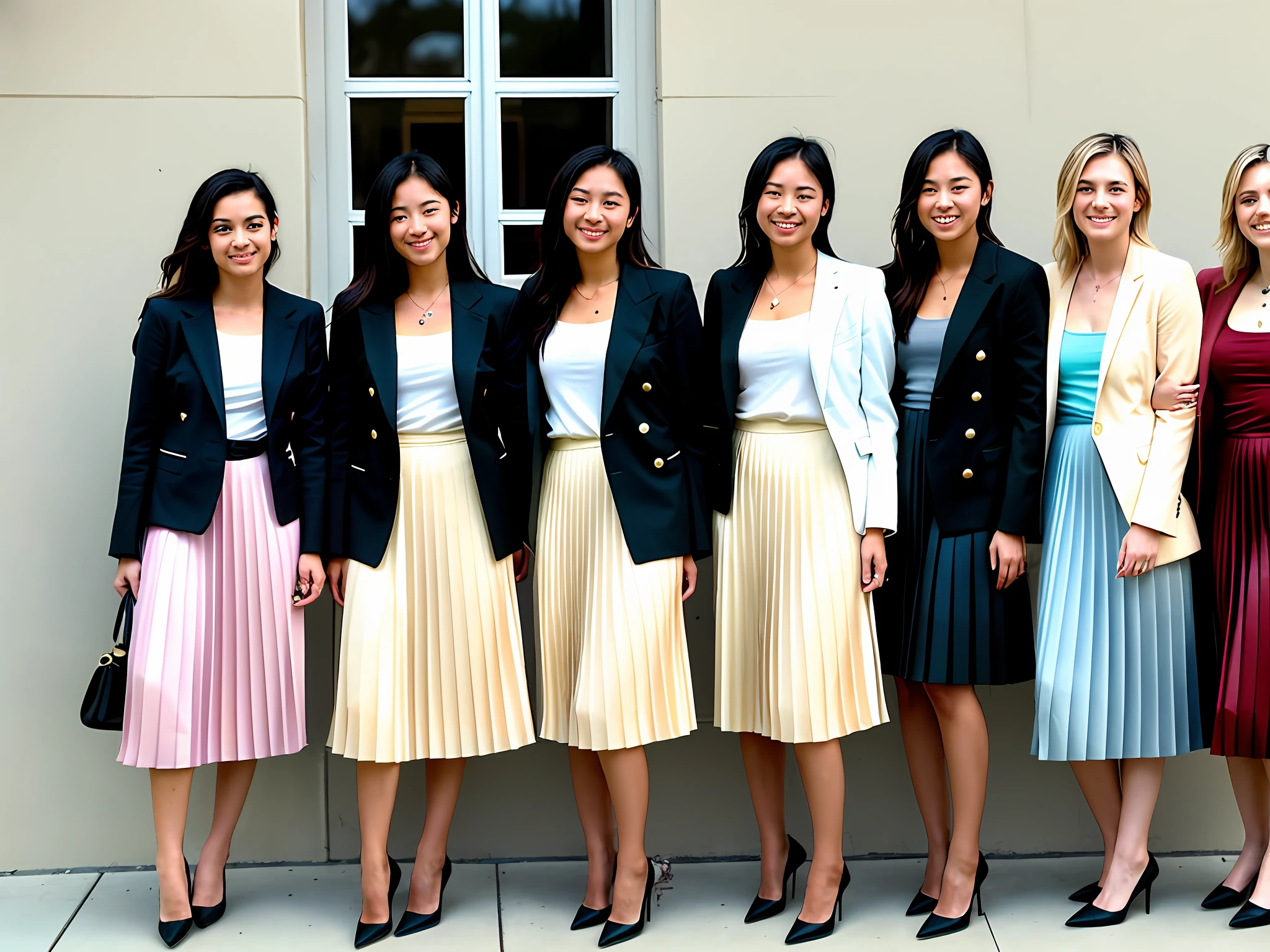 documetary photograph of many tender, compassionate, kind, flirty, shy smile, attractive, pretty, cute, passionate sapphic lesbian women who want to kiss and love all wearing long pleated skirts and short blazers and girly low heeled shoes, (wind blowing, windy:0,1)