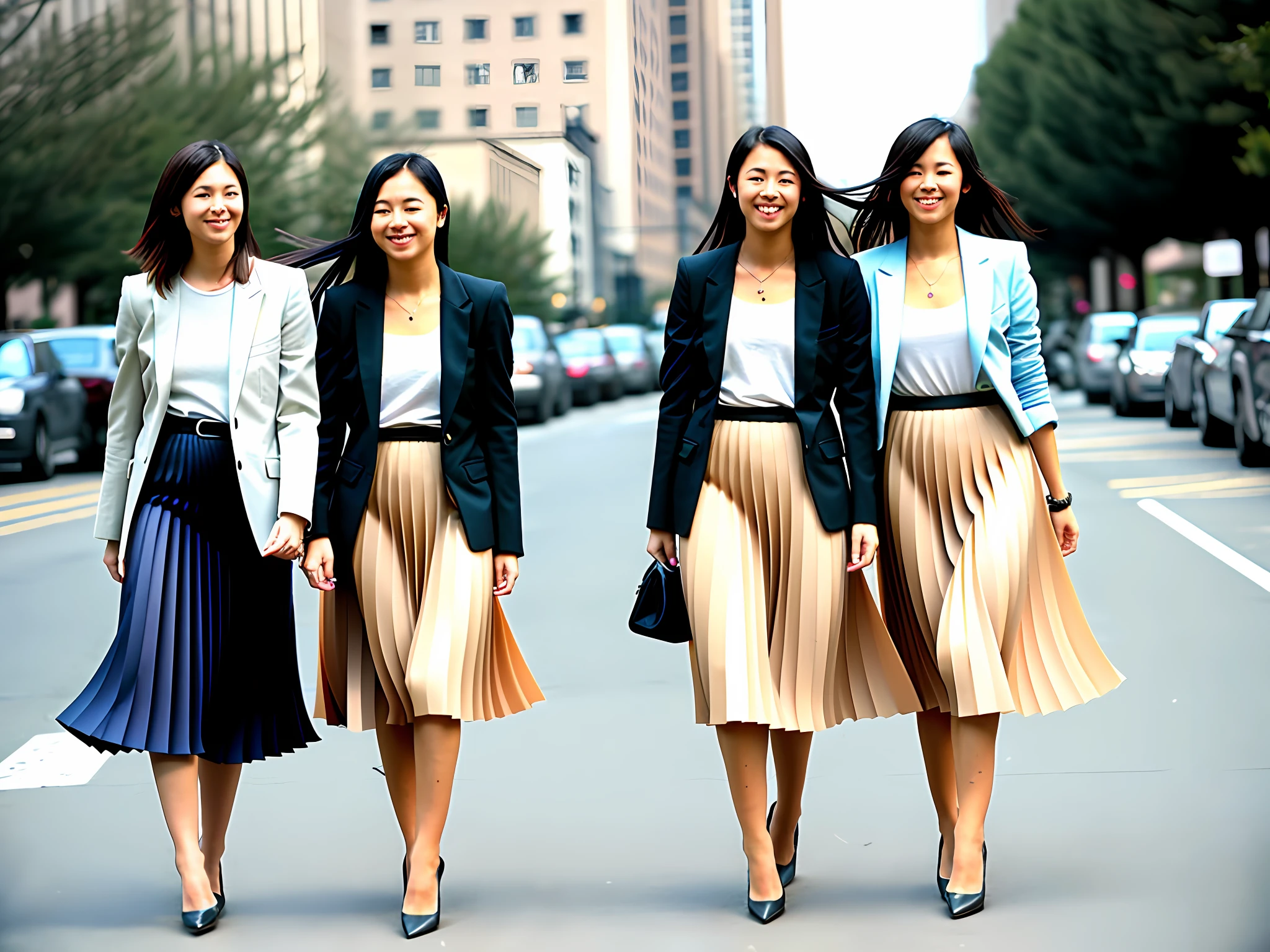 documetary photograph of many tender, compassionate, kind, flirty, shy smile, attractive, pretty, cute, passionate sapphic lesbian women who want to kiss and love all wearing long pleated skirts and short blazers and girly low heeled shoes, (wind blowing, windy:0,1)