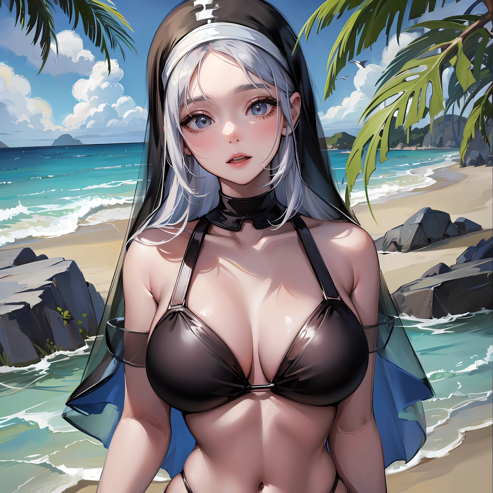 Beautiful and petite nun, curvy body, blue bikini, playing with seagulls, on a beach, highly detailed soil, 8k, cartoon style --auto --s2