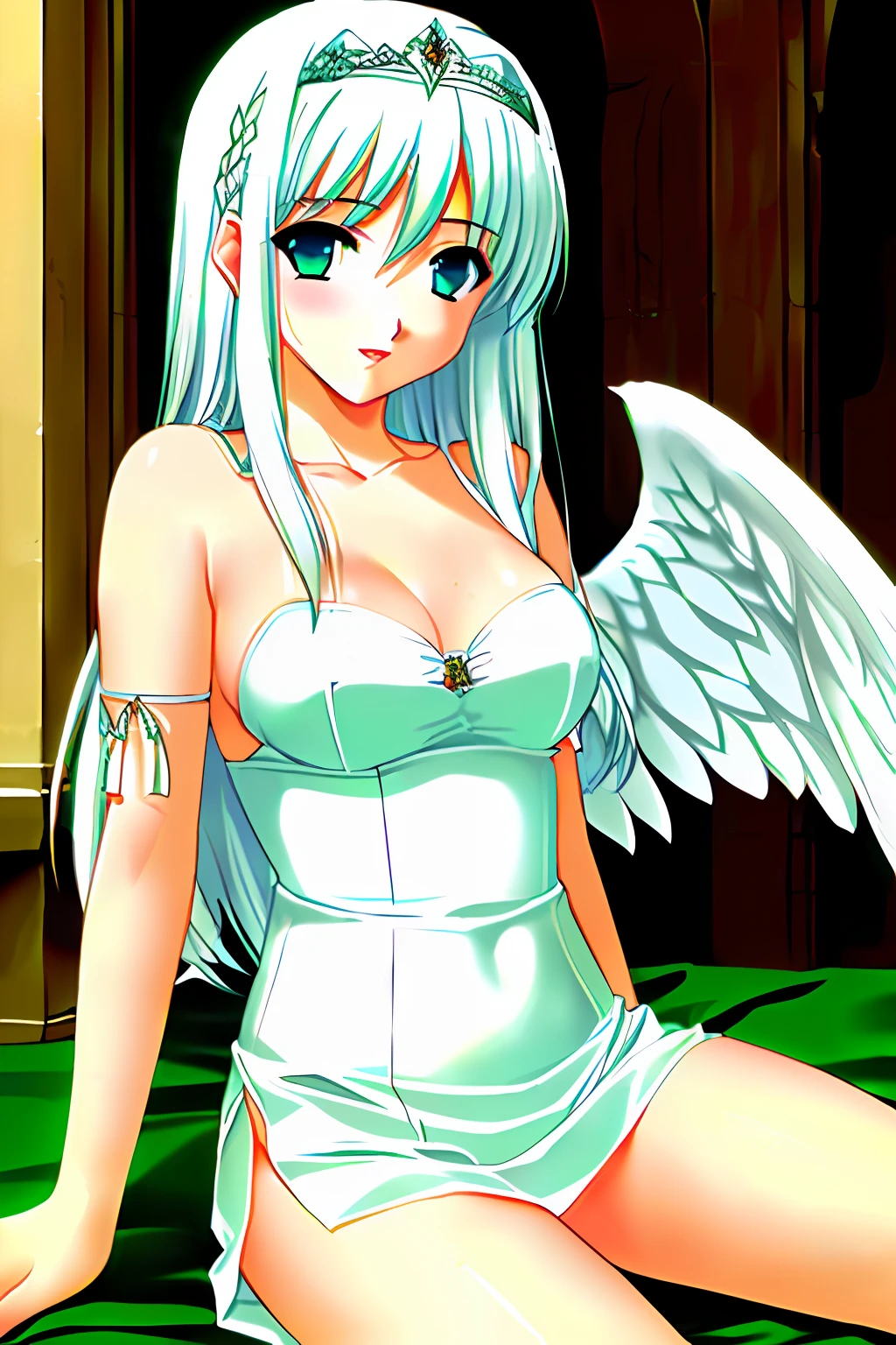 Black skin, white hair, angel wings and green eyes, medieval era