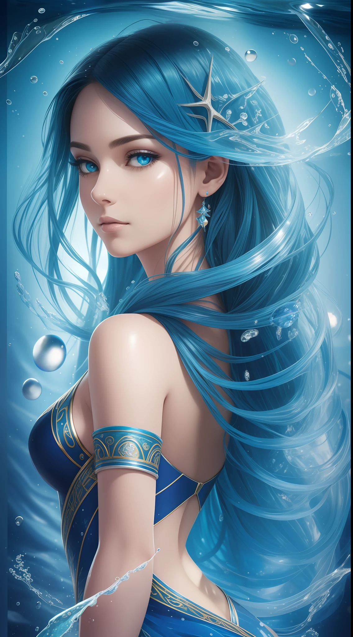 sea princess, seabed, high detailing, 8k photography, blue long hair that blends with the sea, blue hair, brown eyes, water blue dressstyle fish scales qmade of water, elegant, hyper beauty, hyper realistic hands, intricate, elegant, highly detailed, digital painting, concept art, cinematic maritime scenery, soft and sharp focus, illustration, blue and black geometric shadows,  bright lights, symmetry, depth of field, water bubbles around, beautiful fish swimming