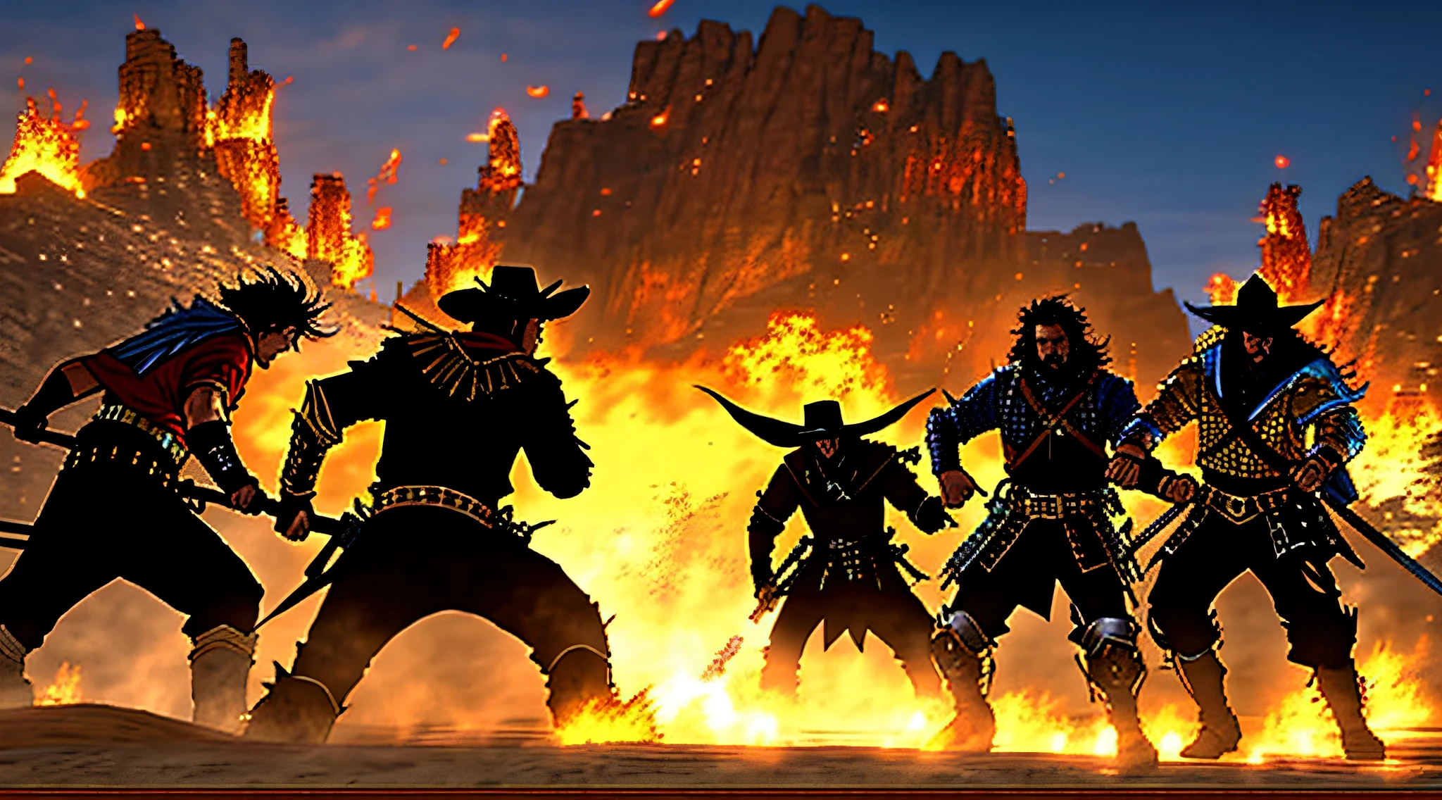 Flames are burning in the background of a group of men in Wild West costumes, movie action scene, still from a live action movie, live action movie scene, VFX action shot, VFX shot, still from a fantasy movie, an epic cowboy battle scene, dramatic cinematic action shot, Awesome VFX, background: battle scene, epic battle scene, epic battle scene