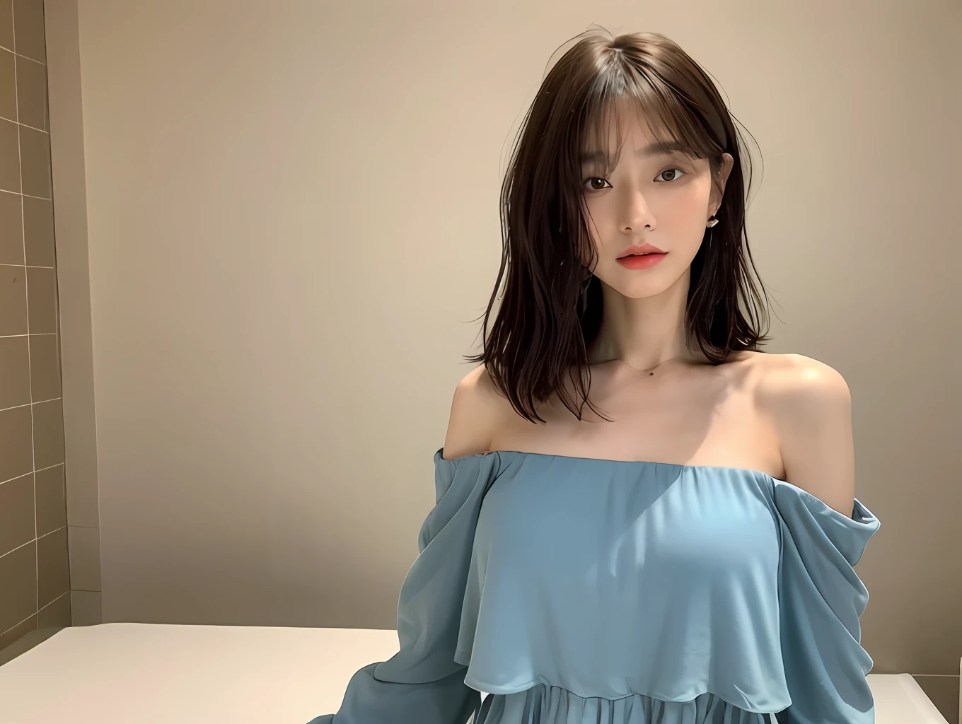 ((Best Quality, 8K, Masterpiece:1.3)), Focus: 1.2, Perfect Body Beauty: 1.4, Buttocks: 1.2, ((Layered Haircut, Breasts: 1.4)), (Wet Clothes: 1.1), Bandeau Dress: 1.1, Highly Detailed Face and Skin Texture, Delicate Eyes, Double Eyelids, Whitened Skin, Long Hair, bathroom