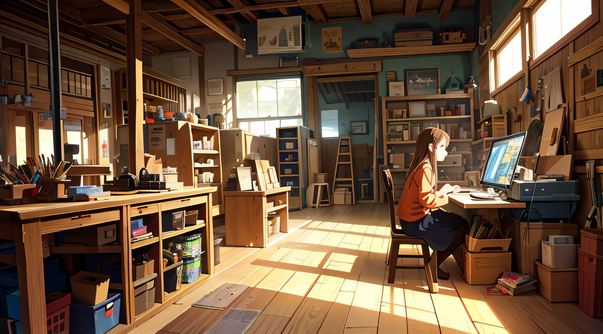 Best masterpiece, masterpiece, top quality, official art, studio animation, aesthetic, detailed, animation, busy scene of small machine town surrounded by small machines and tools, girl sitting in a room, repairing something, concentrating on inventing something with curiosity, invention, detail, super high quality, 4K, 8K, 16K, Ghibli style, without distortion.