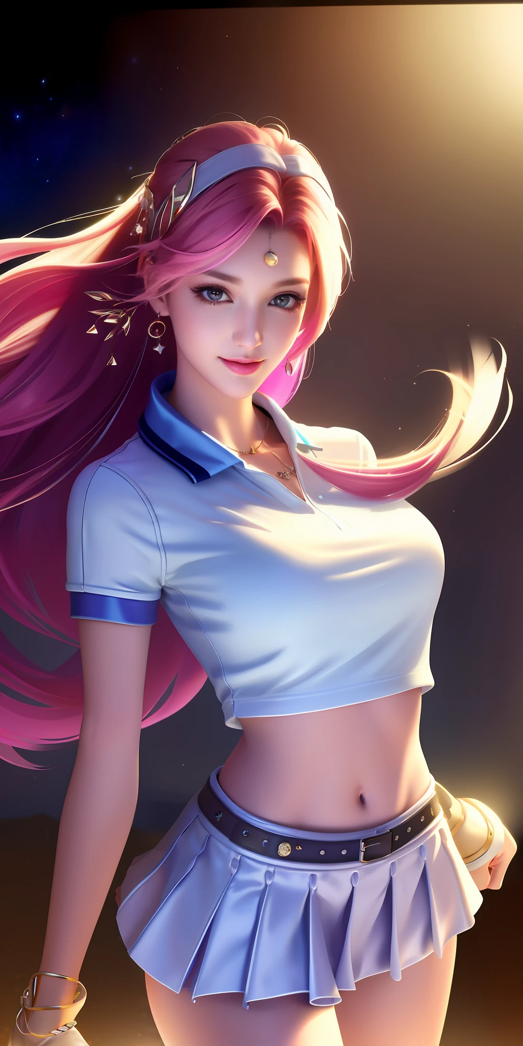 Best quality, masterpiece, high resolution, 1girl, solo, white polo shirt, white sneakers, tennis wear, white mini skirt, beautiful face, hair accessories, look at the audience, smile, close your mouth, lips, hair accessories, necklaces, jewelry, long hair, earrings, beautiful face, on the body, tyndall effect, realism, dark studio, edge lighting, two-tone lighting, (high detail skin: 1.2), 8k uhd, DSLR, soft light, high quality, volumetric lighting, voyeur, Photo, high resolution, 4k, 8k, bokeh