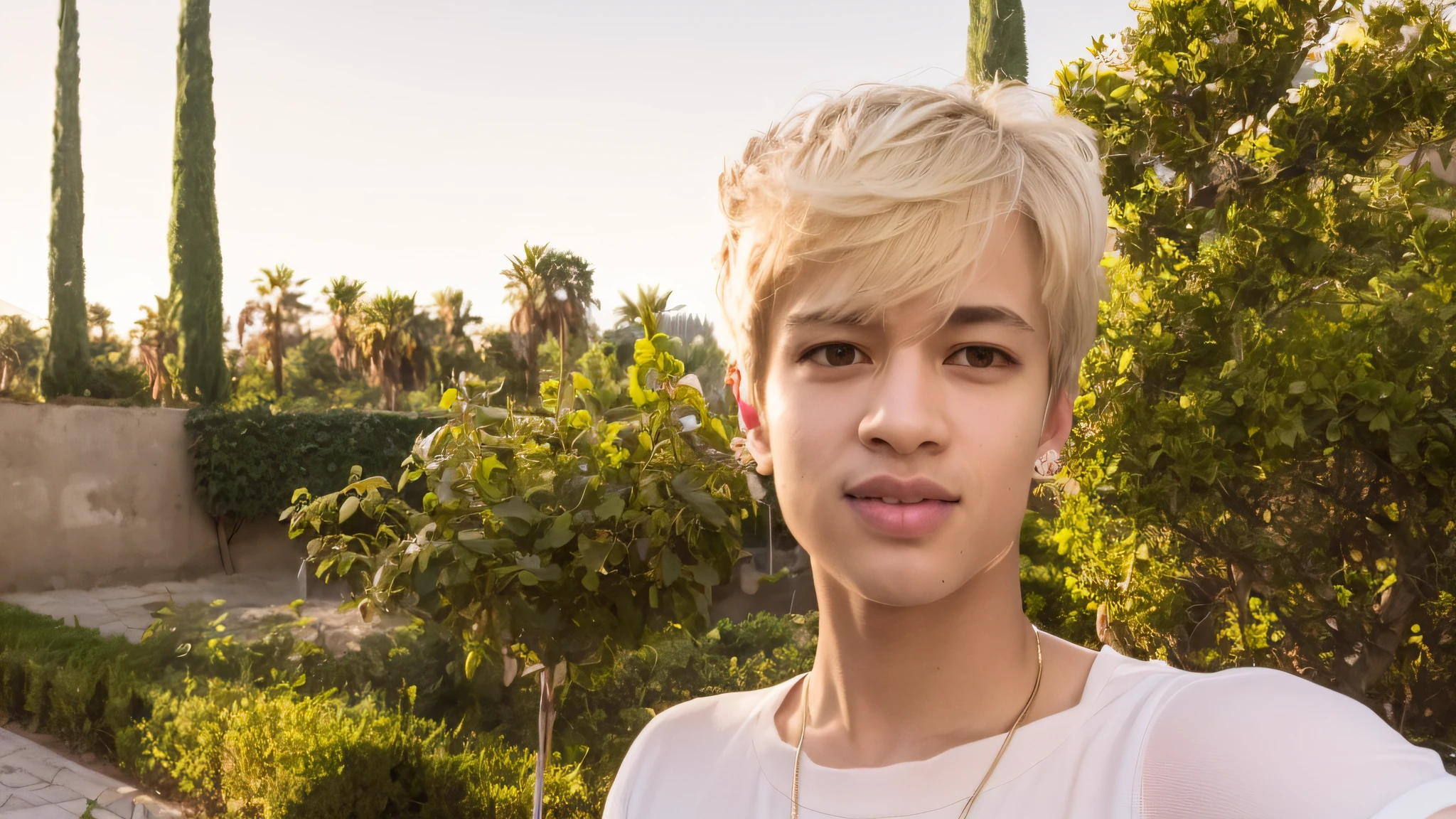 8k, RAW photo, Fujifilm, style photo of a beautiful young woman like avril with (huge breasts) in a light pink rose garden (highly detailed skin: 1.2) Style-Petal BREAK short hair, blonde hair with colored highlights, bangs without cut, wearing a dress, film grain, 35mm, cute style, cowboy shot