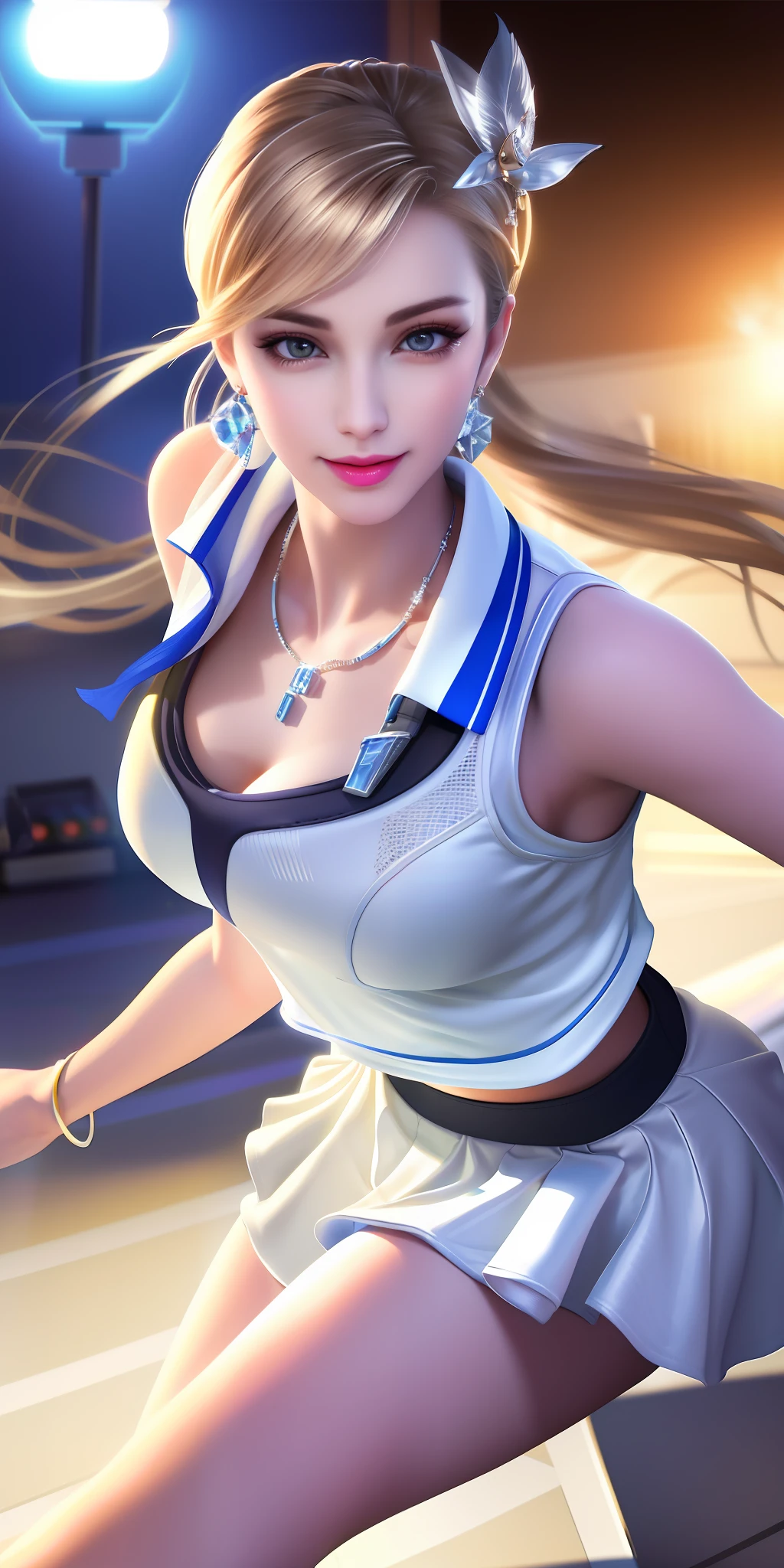 Best quality, masterpiece, high resolution, 1girl, solo, white polo shirt, white sneakers, tennis wear, white mini skirt, beautiful face, hair accessories, look at the audience, smile, close your mouth, lips, hair accessories, necklaces, jewelry, long hair, earrings, beautiful face, on the body, tyndall effect, realism, dark studio, edge lighting, two-tone lighting, (high detail skin: 1.2), 8k uhd, DSLR, soft light, high quality, volumetric lighting, voyeur, Photo, high resolution, 4k, 8k, bokeh