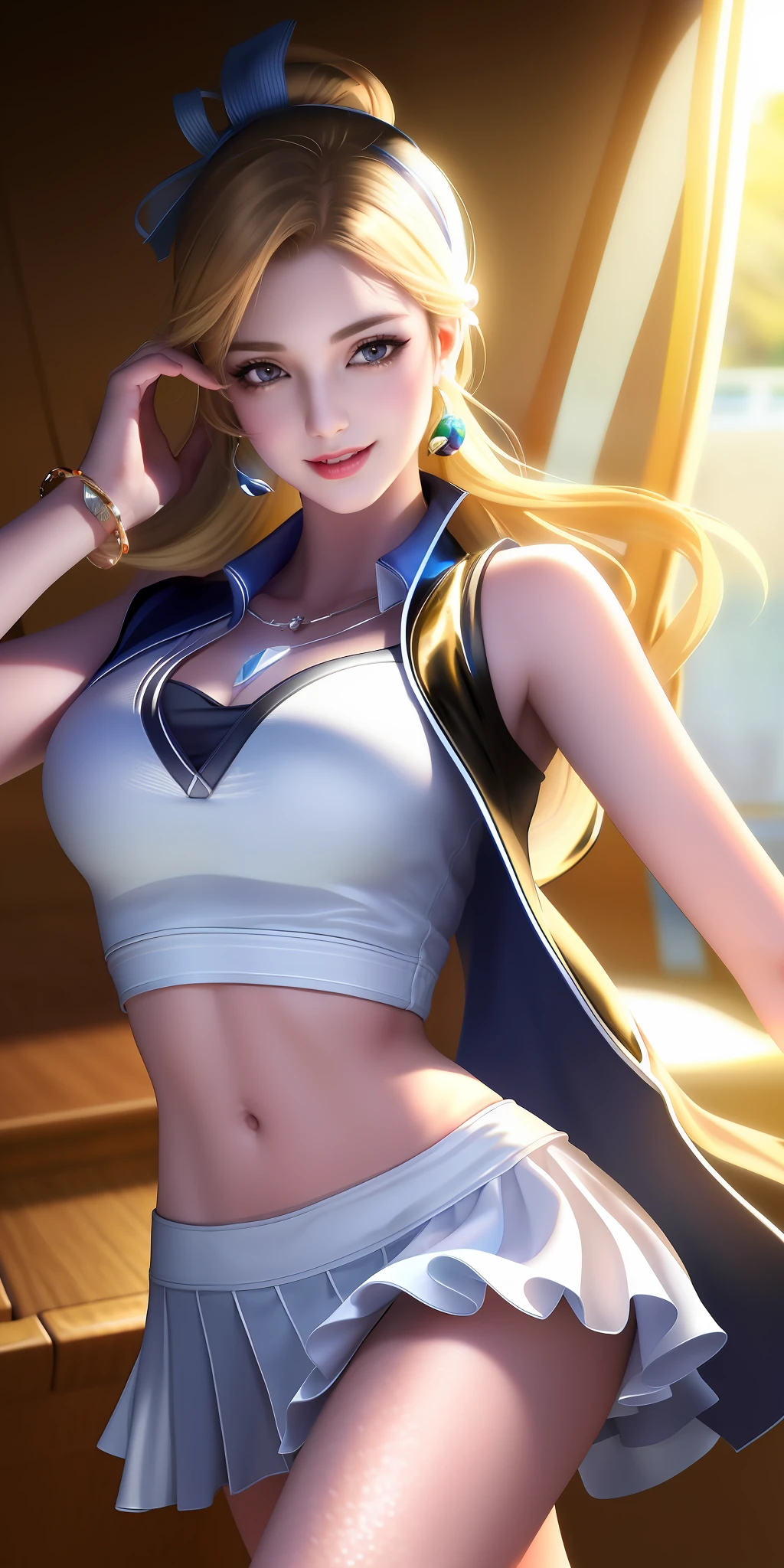 Best quality, masterpiece, high resolution, 1girl, solo, white polo shirt, white sneakers, tennis wear, white mini skirt, beautiful face, hair accessories, look at the audience, smile, close your mouth, lips, hair accessories, necklaces, jewelry, long hair, earrings, beautiful face, on the body, tyndall effect, realism, dark studio, edge lighting, two-tone lighting, (high detail skin: 1.2), 8k uhd, DSLR, soft light, high quality, volumetric lighting, voyeur, Photo, high resolution, 4k, 8k, bokeh