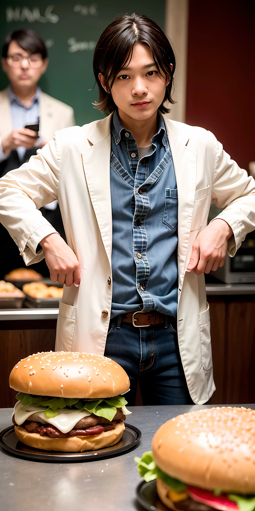 Draw the protagonist, a curious and amusing individual, rummaging through an old coat. He has an expression of surprise and admiration as he discovers the McDonald's hamburger, holding it in his hands.
Image of the fossilized hamburger: Represent the 71-year-old hamburger in detail. It should look faded and dull, with the original colors faded. Draw the texture of bread, meat and other ingredients, showing their amazing conservation over time.
Image of the protagonist taking the hamburger to experts: Draw the protagonist in a laboratory, surrounded by scientists in white coats. He is presenting the hamburger with a smile on his face, while the scientists are stunned and intrigued by the discovery.
Media reaction image: Draw the protagonist being approached by reporters and photographers, surrounded by cameras and microphones. He is at the center of media attention, with an expression of surprise and disbelief at the repercussions of his discovery.
Image of donating the burger to the museum: Draw the protagonist handing over the fossilized hamburger to a museum curator. The burger is on a display stand, with an informational plaque beside it. The protagonist is pleased and proud to share this relic with the public.
realistic image, looking forward, hamburger on the side