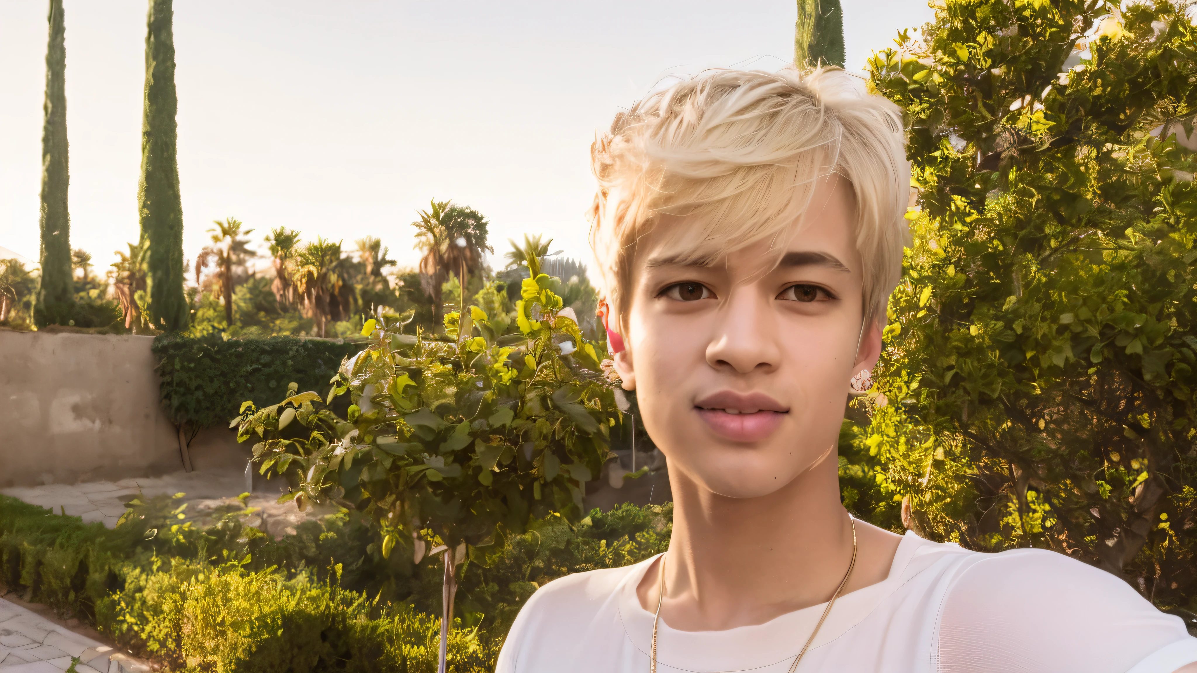 8k, RAW photo, Fujifilm, style photo of a beautiful young woman like avril with (huge breasts) in a light pink rose garden (highly detailed skin: 1.2) Style-Petal BREAK short hair, blonde hair with colored highlights, bangs without cut, wearing a dress, film grain, 35mm, cute style, cowboy shot