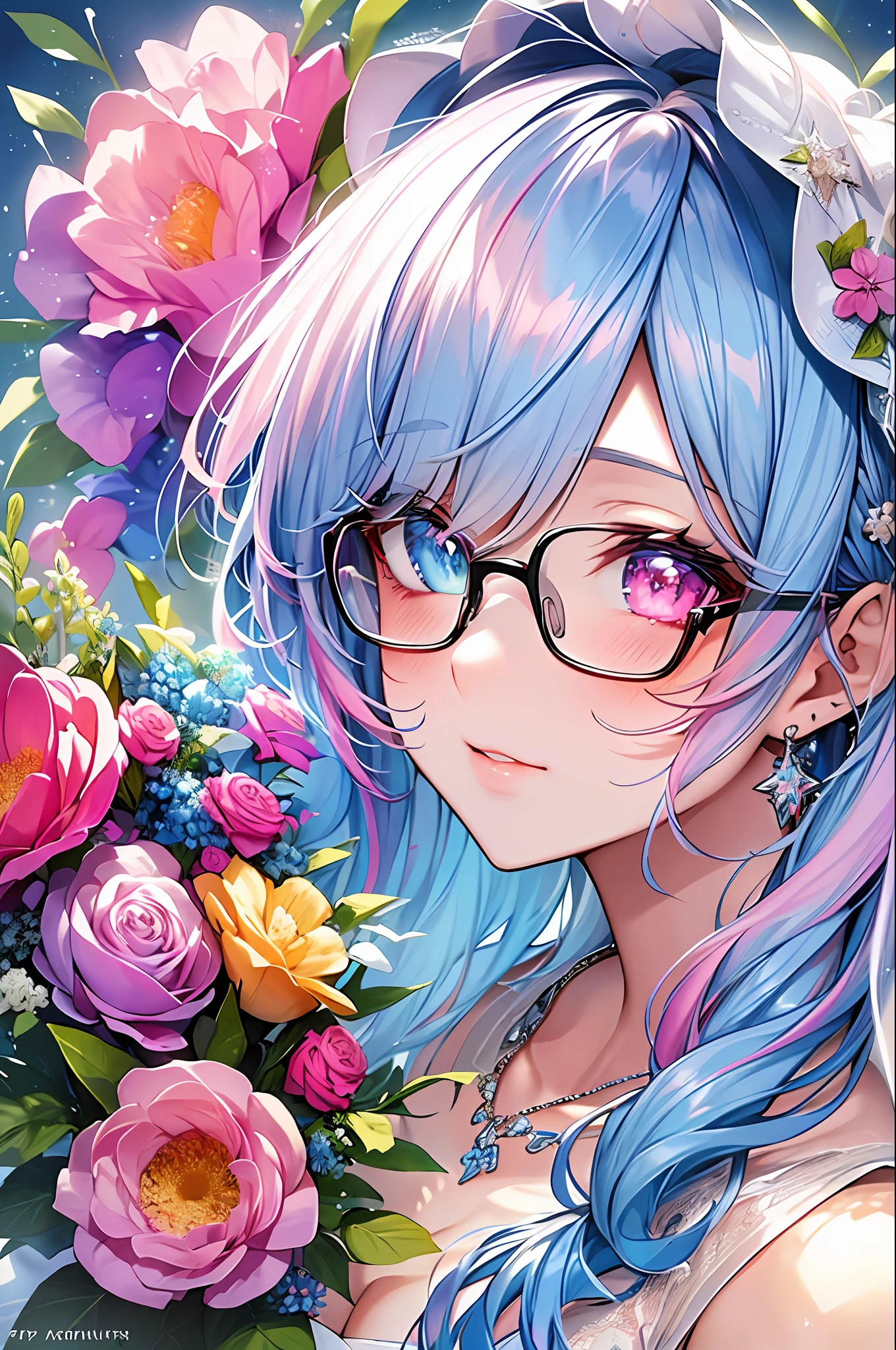 (masterpiece, highest quality, highest quality, watercolor art (pendant), official art, beautiful and aesthetic: 1.2), (1 girl: 1.3), (fractal art: 1.3), whole body, (glitter pupil)), pattern, ((iridescent hair, colorful hair, half blue and half pink hair: 1.2)), colorful, glasses, writing, heterochromia, (colorful: 1.5), (1 bouquet), ((( Wedding dress)), church, (((kissing face)), (close-up)
