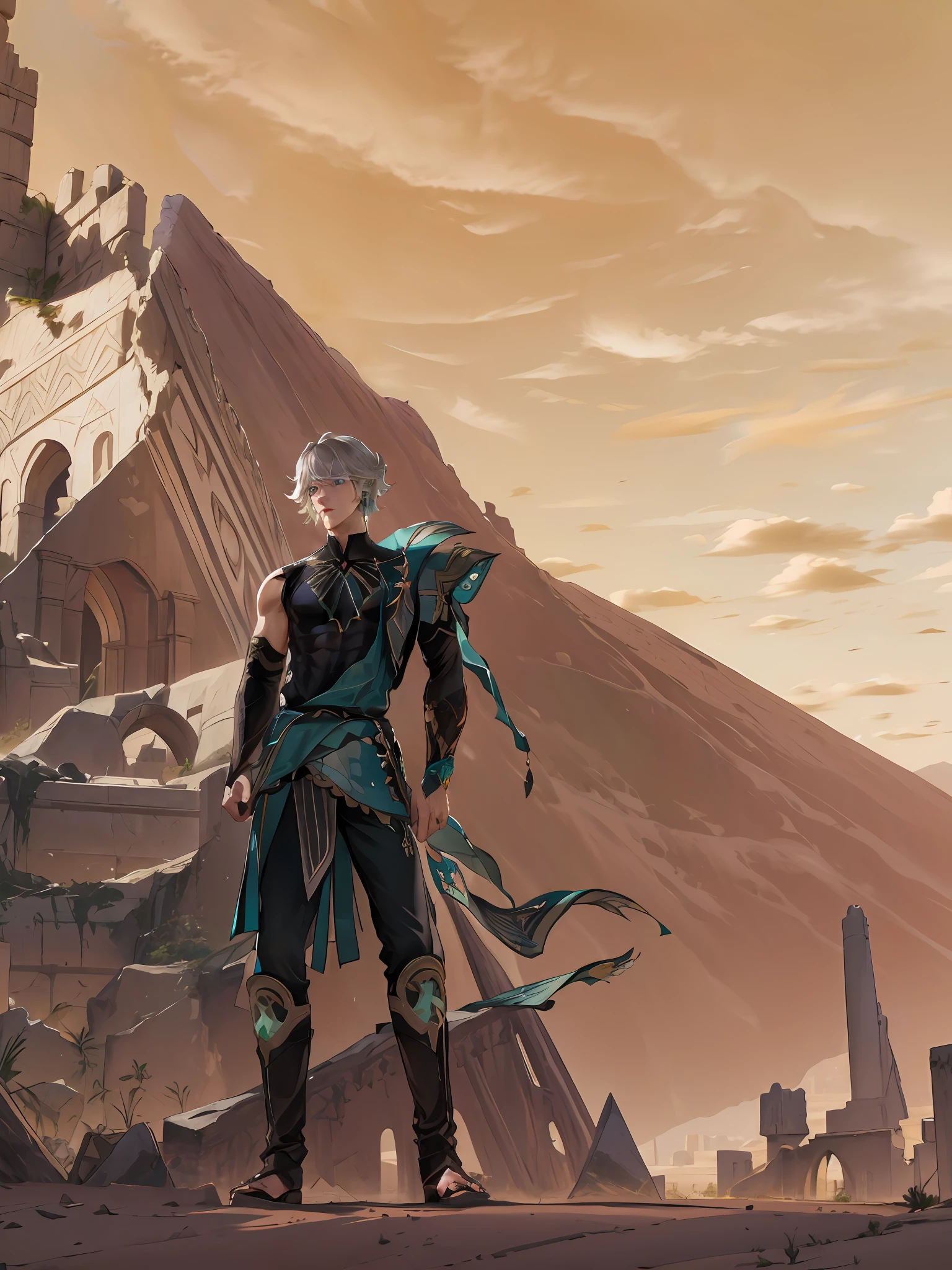 extremely delicate and beautiful, Amazing, finely detail, masterpiece, ultra-detailed, highres,best illustration, best shadow,intricate,sharp focus, high quality, 1 male solo, mature, handsome, tall muscular guy, broad shoulders, grey hair. dark teal eyes, alhaitham genshin impact, black sleeveless top, separate black sleeves, dark pants, long fingerless gloves, in the desert ruins, pyramids,