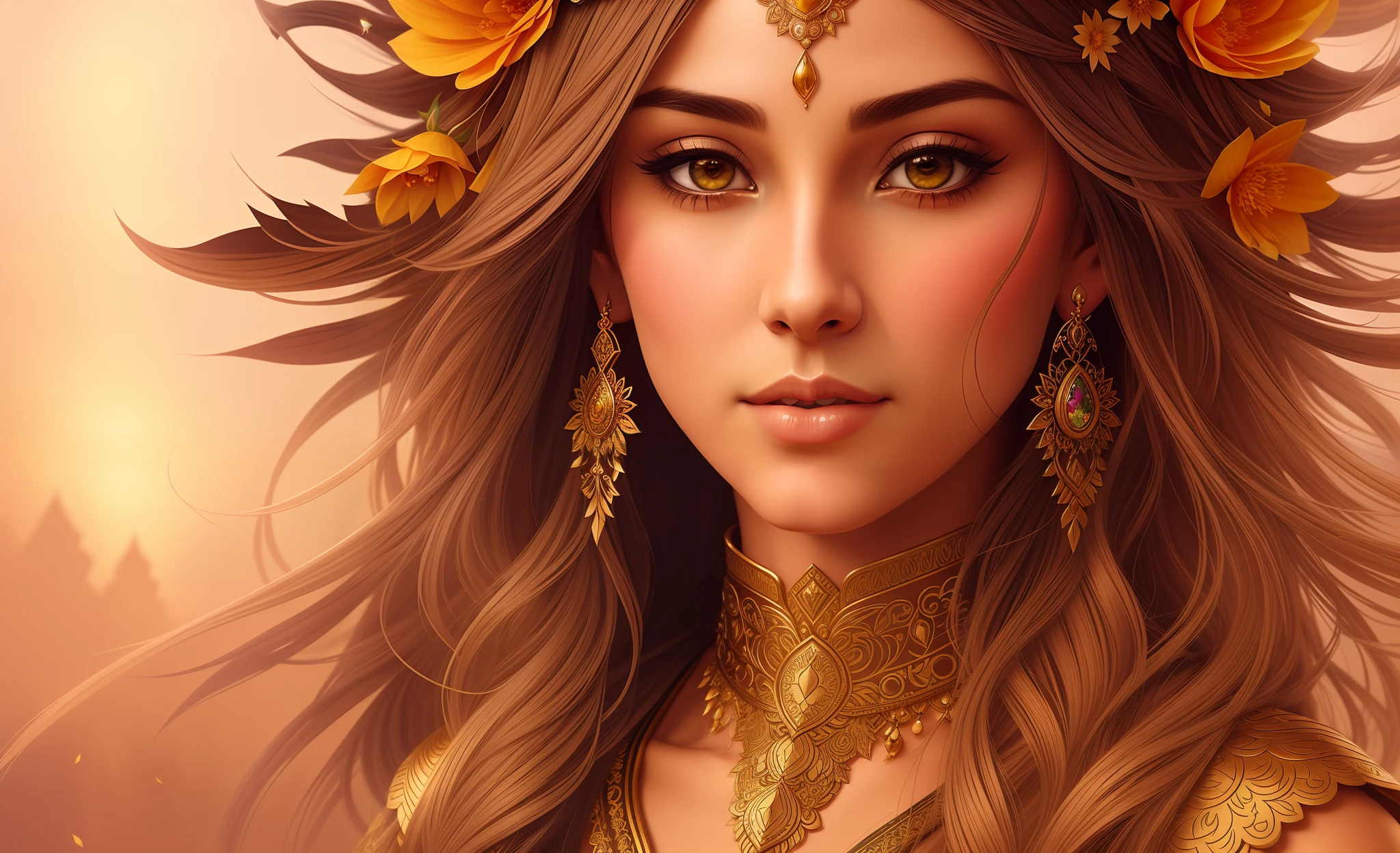 a woman with long hair and a flower crown on her head, epic fantasy art style hd, beautiful fantasy art portrait, indian goddess, 8k high quality detailed art, 4k highly detailed digital art, a stunning portrait of a goddess, beautiful character painting, 8k stunning artwork, fantasy style art, beautiful fantasy art, hd fantasy art, detailed fantasy digital art