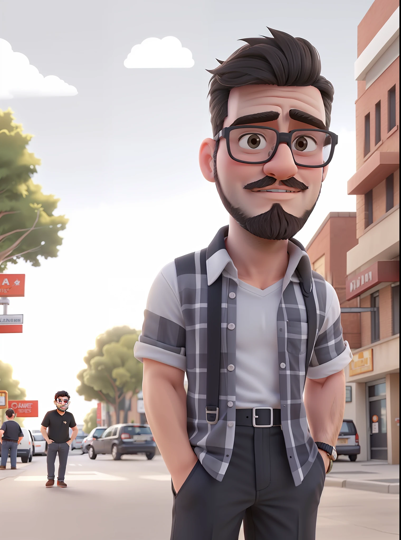 White man with glasses and small beard, beard done, short beard, black top, black hair, wearing a gray plaid shirt, full body, hand in pocket, chibi, on the street