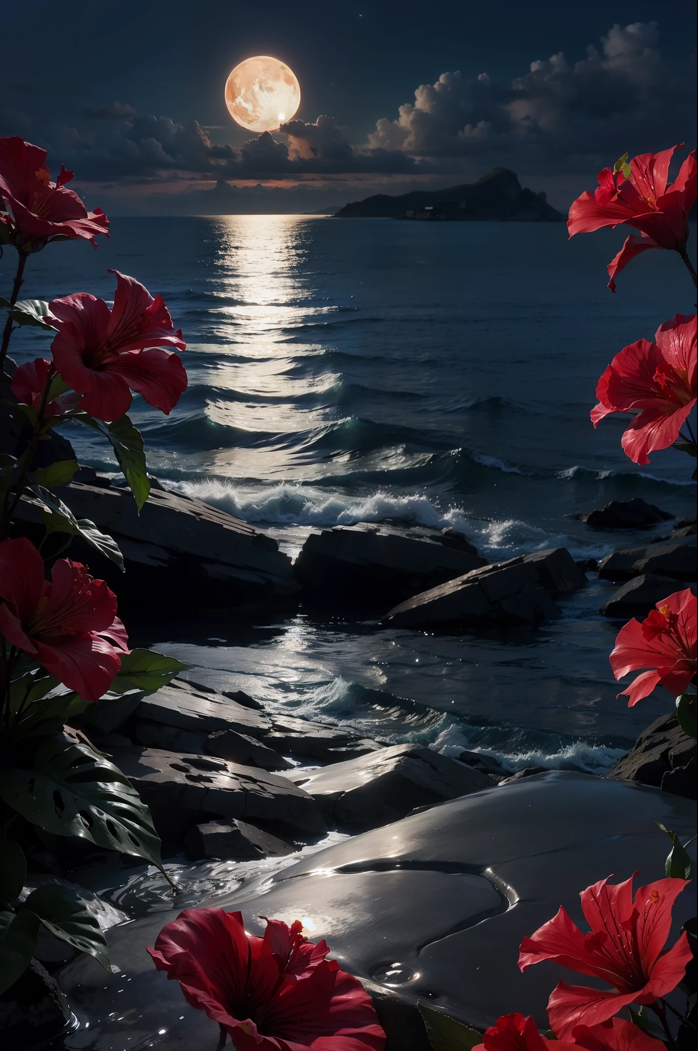 hibiscus Moon with water drops,neon glow, random background, sun rise, bokha mood
