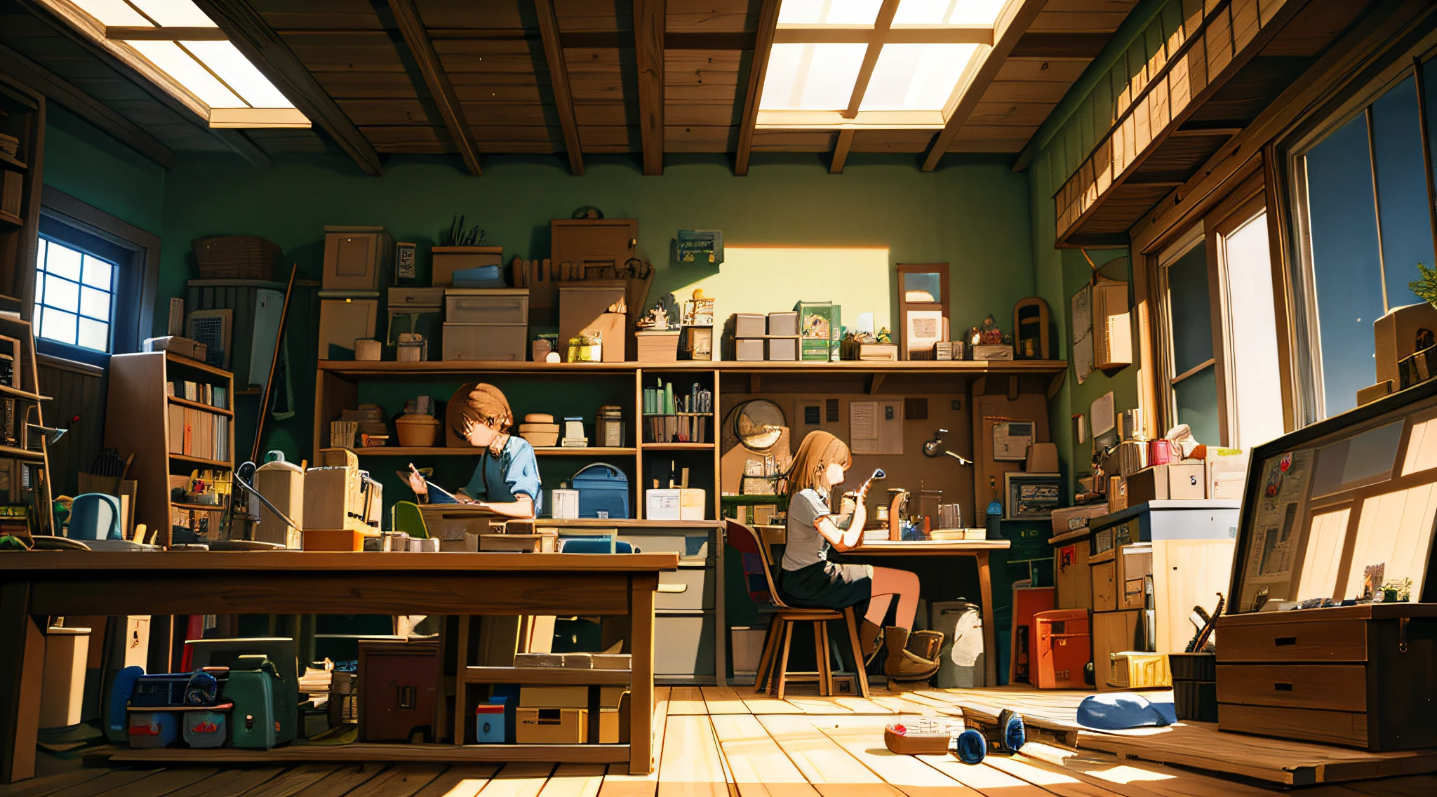 Best masterpiece, masterpiece, top quality, official art, studio animation, aesthetic, detailed, animation, busy scene of small machine town surrounded by small machines and tools, girl sitting in a room, repairing something, concentrating on inventing something with curiosity, invention, detail, super high quality, 4K, 8K, 16K, Ghibli style.