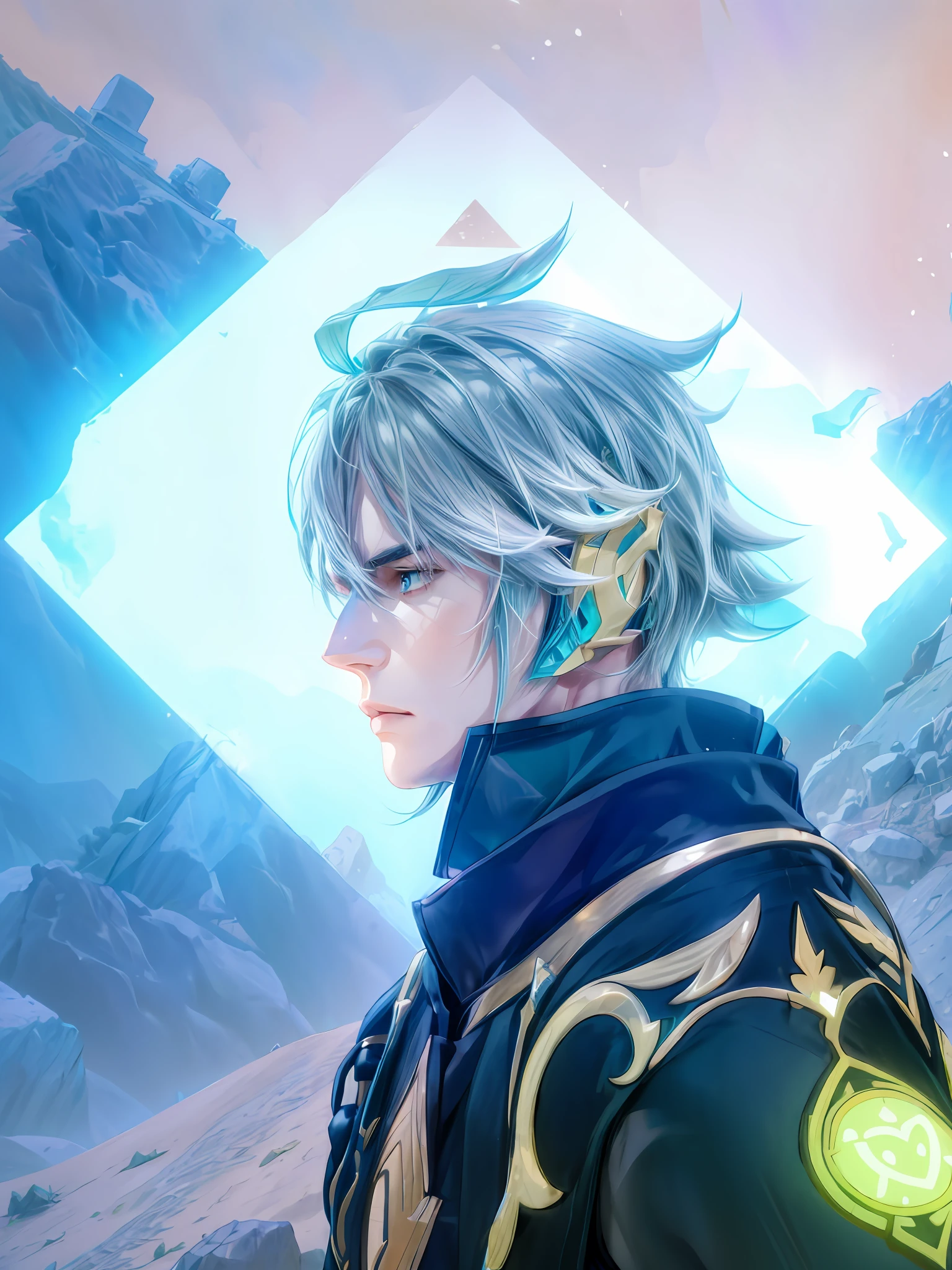 extremely delicate and beautiful, Amazing, finely detail, masterpiece, ultra-detailed, highres,best illustration, best shadow,intricate,sharp focus, high quality, 1 male solo, mature, handsome, tall muscular guy, broad shoulders, grey hair. dark teal eyes, alhaitham genshin impact, black sleeveless top, separate black sleeves, dark pants, long fingerless gloves, golden headphones with teal parts, in the desert ruins, pyramids, neon blue lights, sci-fi neon effects