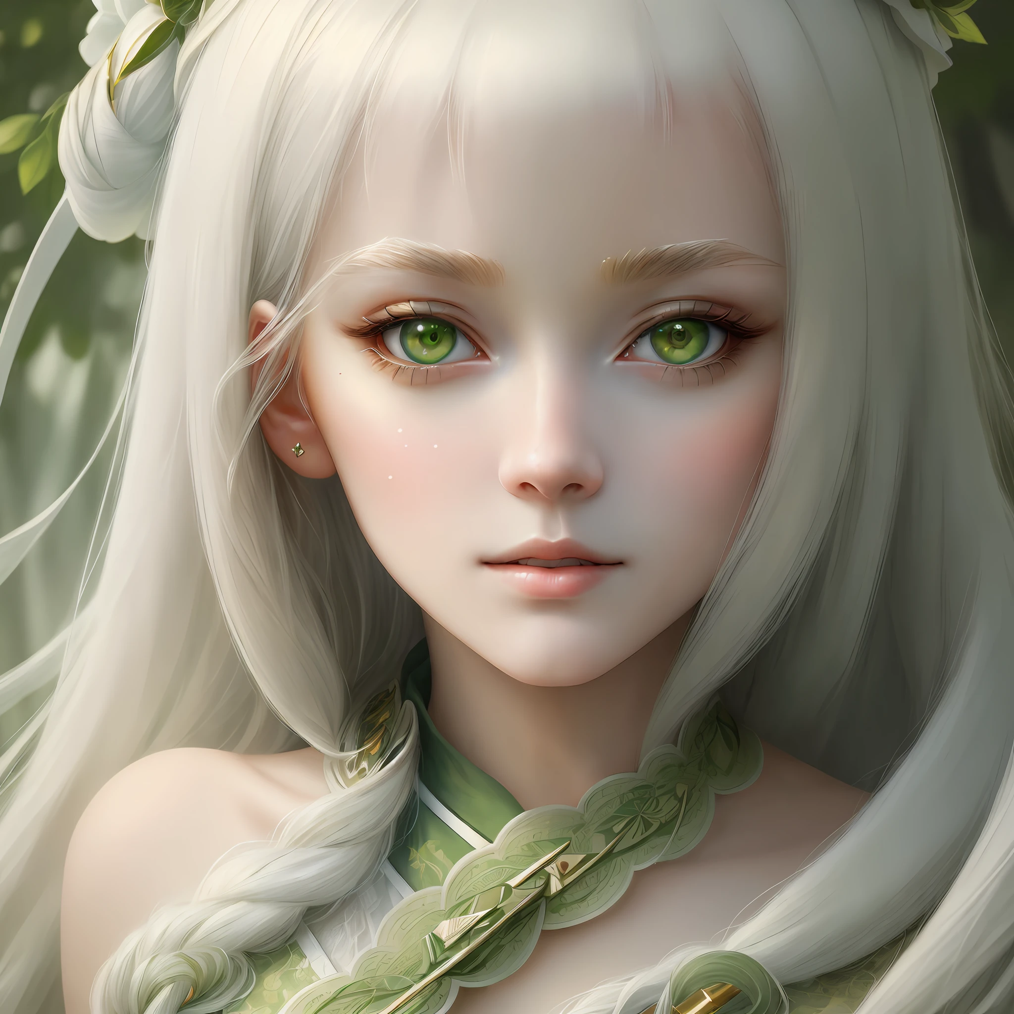 "(((Masterpiece)))), best quality, ultra-detailed details, extremely delicate and beautiful 8k wallpaper, floating, zooming in on the face of a beautiful girl with long white hair, intense green eyes and pale skin."