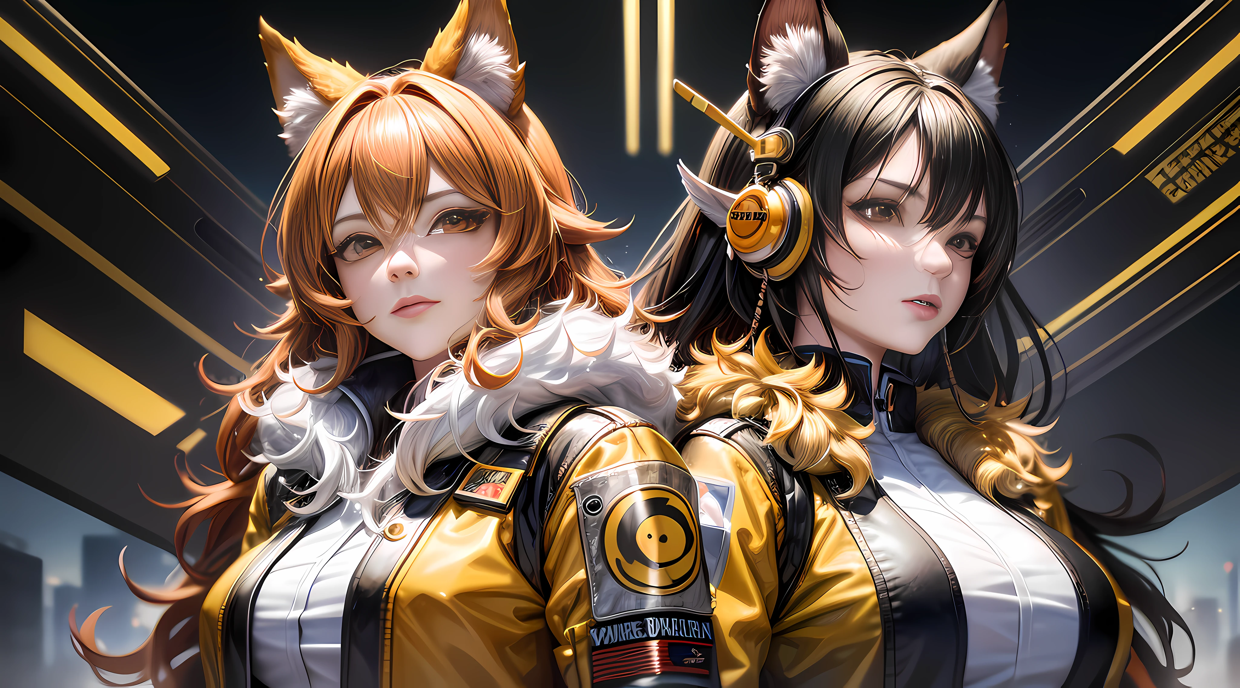 a couple of women standing next to each other, extremely detailed fur, trending artgerm, yellow and orange color scheme, kitsune three - tailed fox, pilot outfit, inspired by Shi Zhonggui, long brown puffy curly hair, sci-fi android female, korean idol, puppies, highly detailed realistic face