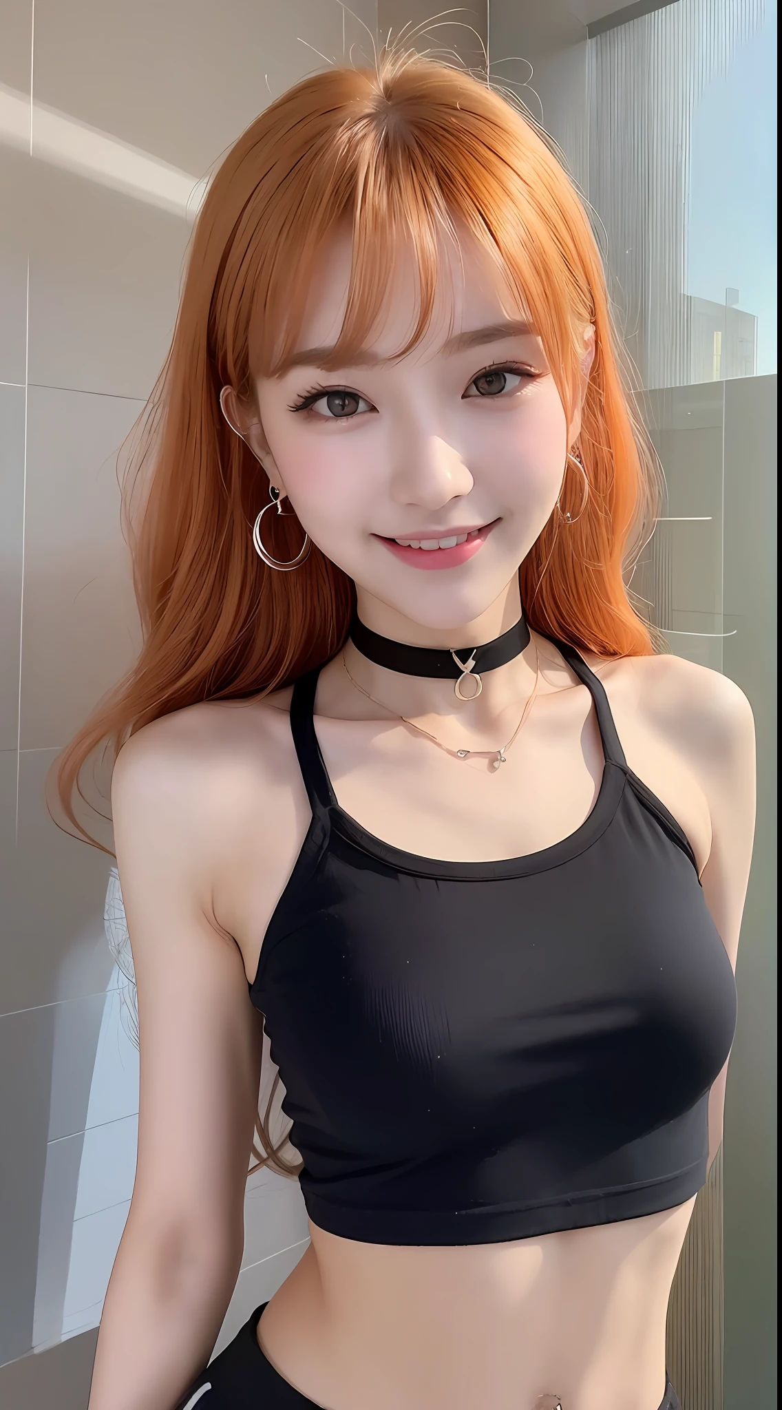 ((Day, Real Light, Top Quality, 8k, Masterpiece: 1.3)), 1 girl, slender beautiful girl: 1.4, abs 2,0, buttocks 1.5, (orange medium hair, small breasts 2.0), mini skirt pleats: 1.2, off-shoulder, white studio, ultra detailed face, ultra detailed eyes, double eyelids, eyeliner, bangs free, navel piercing, choker, smile
