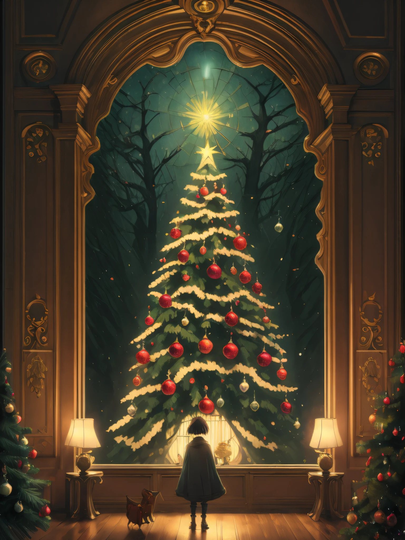 (Best quality),(masterpiece),(ultra detailed),(high detailed),(extremely detailed),Huge window in the middle of the room with a huge christmas tree in the center, dark and moody, gloomy, scary, neon, baroque, romantic, intricate detail, ray tracing, cinematic, portrait, Raphaelite, Craig Mullins and Katsuhiro Otomo, style of Megaupload, style of Megaupload, style of Studio Ghibli, style of Akira, style of Miyazaki, animated by Madhouse INC, Studio Ghibli, style of Howl's Moving Castle, style of Peter Mohrbacher