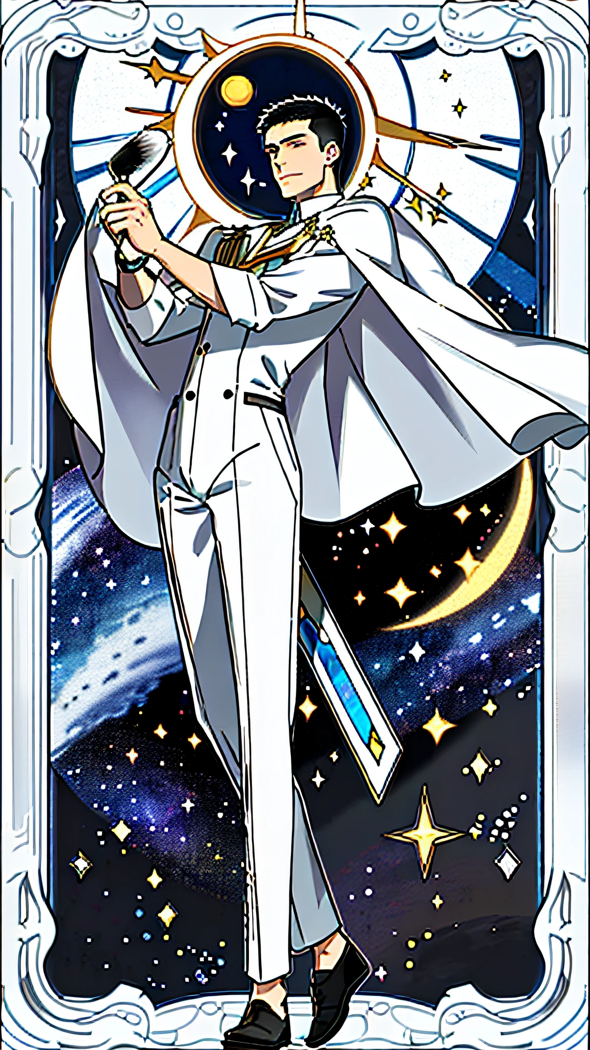 masterpiece, best quality, full body, card, 1 man, eclipse, space, galaxy, short hair, black hair, brush cut, white shirt, standing, white and white, sun, moon, black, white, buzz cut, bara, muscle, god, divine, cape, halo, center, best pose, etherious