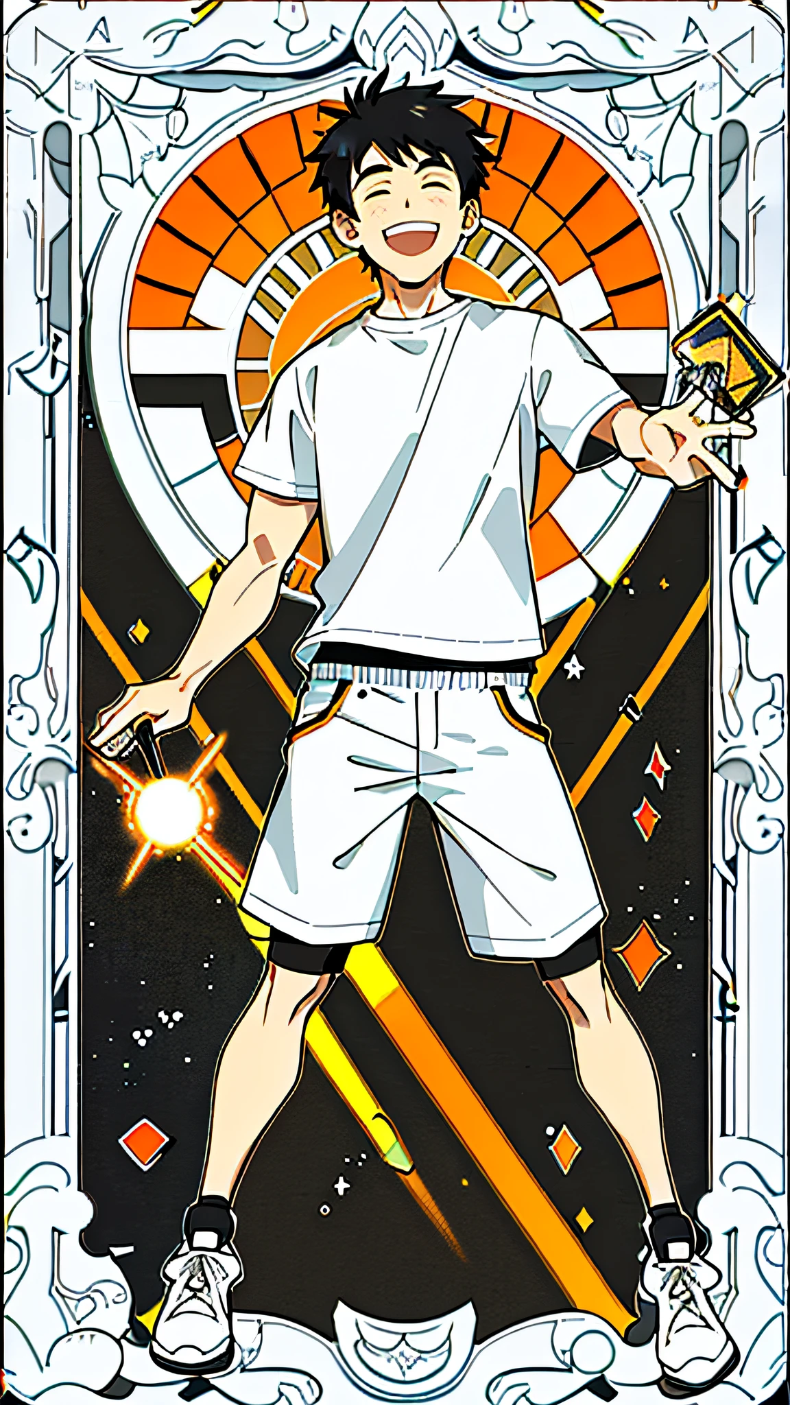 masterpiece, best quality, full body, card, 1 man, the sun, happy, laugh, short hair, black hair,  brush cut, white shirt, standing, white, light, music, art, yellow, orange, black,  buzz cut, bara, man, street style, white t-shirt, short pant, sport, center