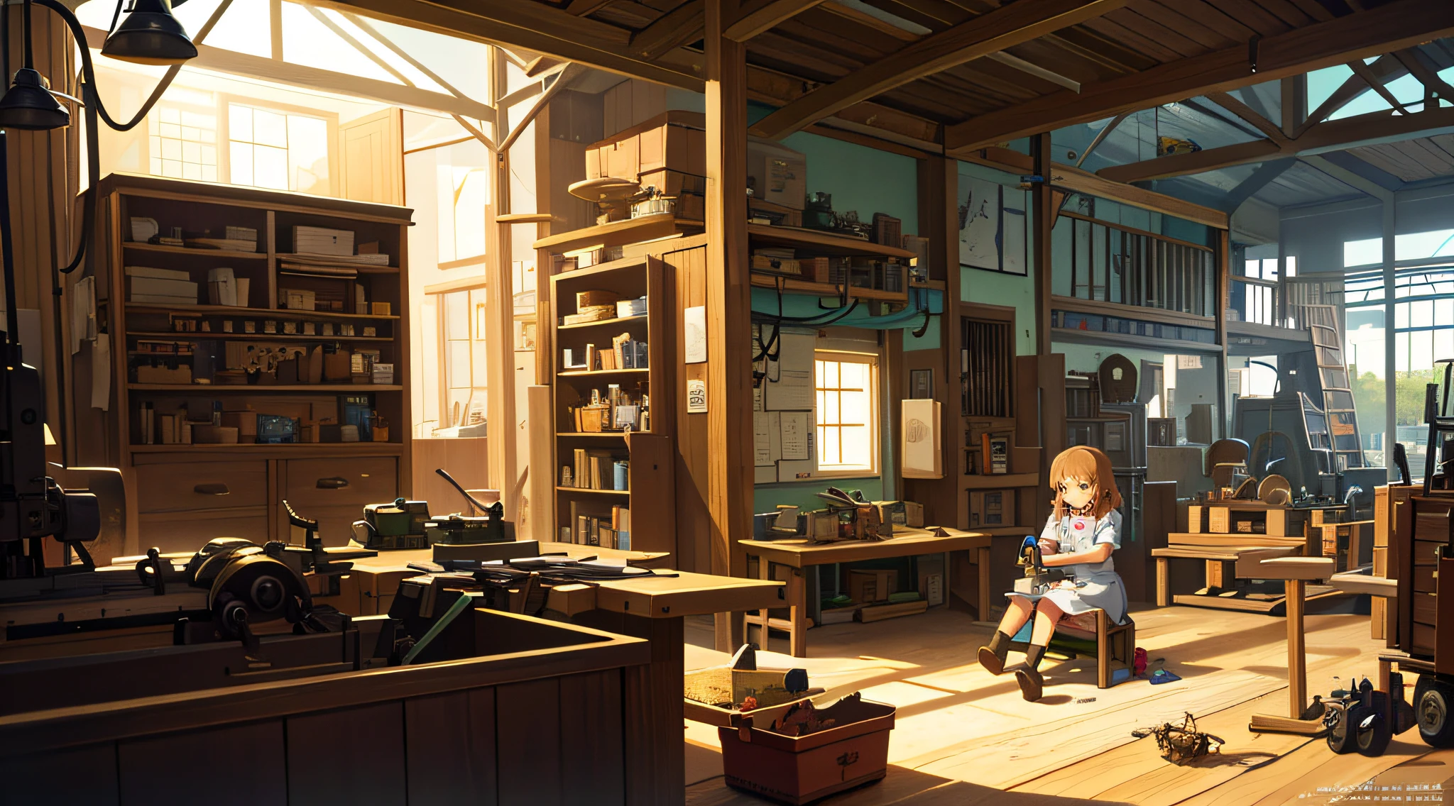 Best masterpiece, masterpiece, top quality, official art, studio animation, aesthetic, detailed, animation, busy scene of small machine town surrounded by small machines and tools, girl sitting in a room, repairing something, concentrating on inventing something with curiosity, invention, detail, super high quality, 4K, 8K, 16K, Ghibli style.