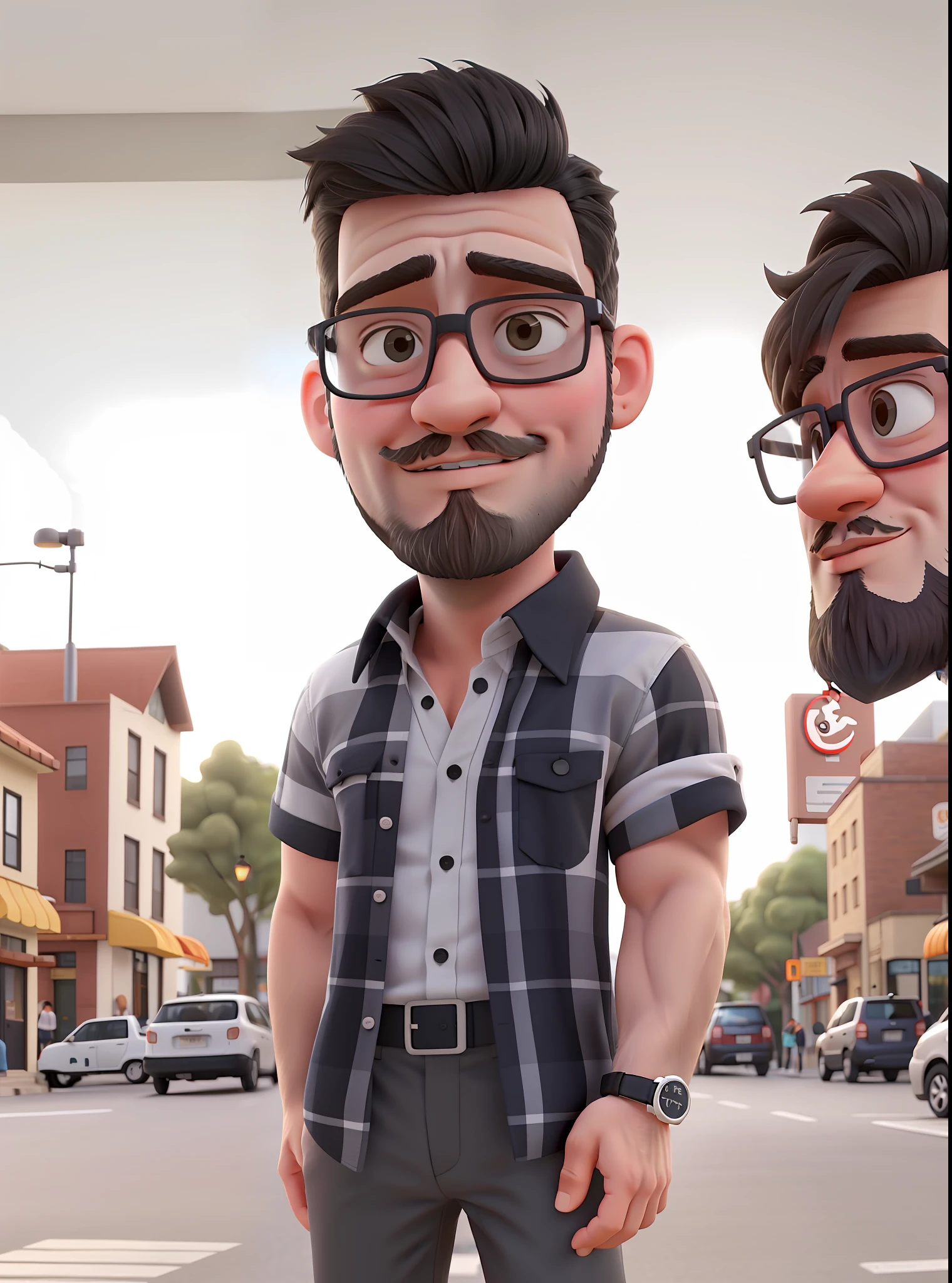 White man with glasses and small beard, beard done, short beard, black top, black hair, wearing a gray plaid shirt, full body, hand in pocket, chibi, on the street