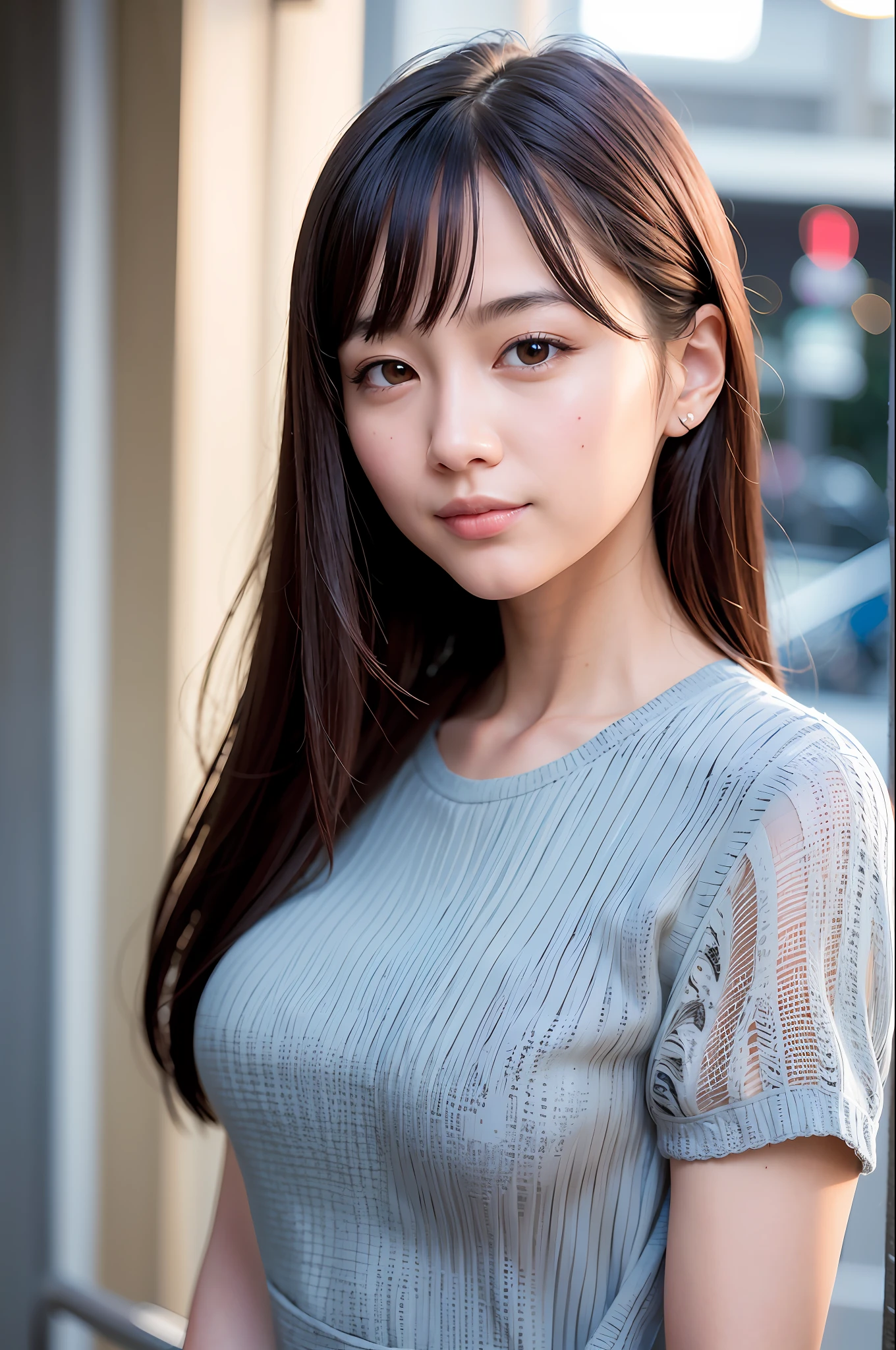Masterpiece, 1 Beautiful Girl, Detailed, Swollen Eyes, Top Quality, Ultra High Resolution, (Reality: 1.4), Original Photo, 1Girl, Cinematic Lighting, Smiling, Japanese, Asian Beauty, Korean, Clean, Super Beautiful, Little Young Face, Beautiful Skin, Slender, Cyberpunk Background, (ultra realistic), (high resolution), (8K), (very detailed), (best illustration), (beautifully detailed eyes), (super detailed), (wallpaper), (detailed face), viewer looking, fine detail, detailed face, pureerosfaceace_v1, smiling, 46 point slanted bangs, looking straight ahead, neat clothes, dark colored eyes, outfit (date dress), body facing front,