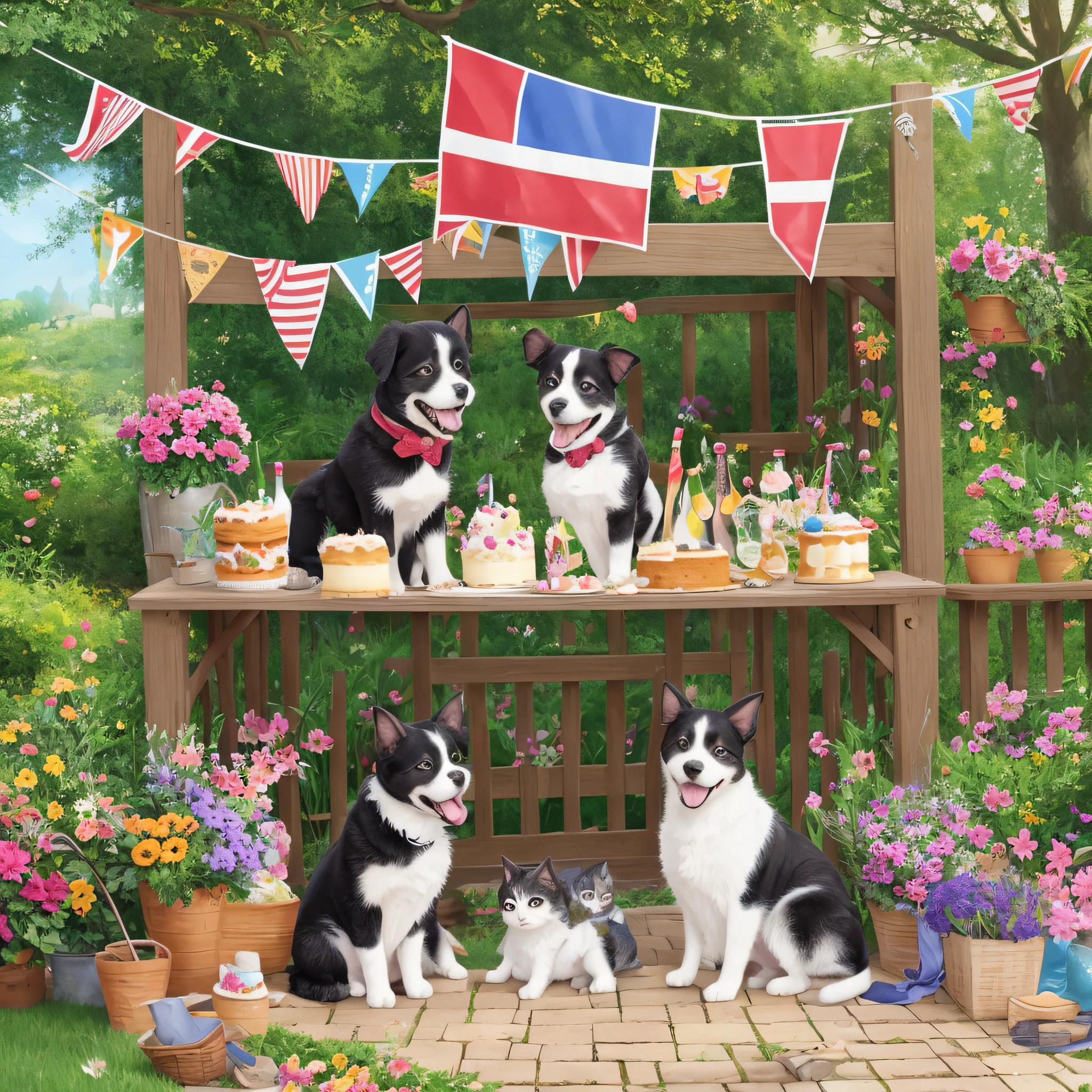 Garden party of puppies and cats of various breeds, flags and cake, soft drinks, all happy and smiling, Disney style, 8k --auto --s2