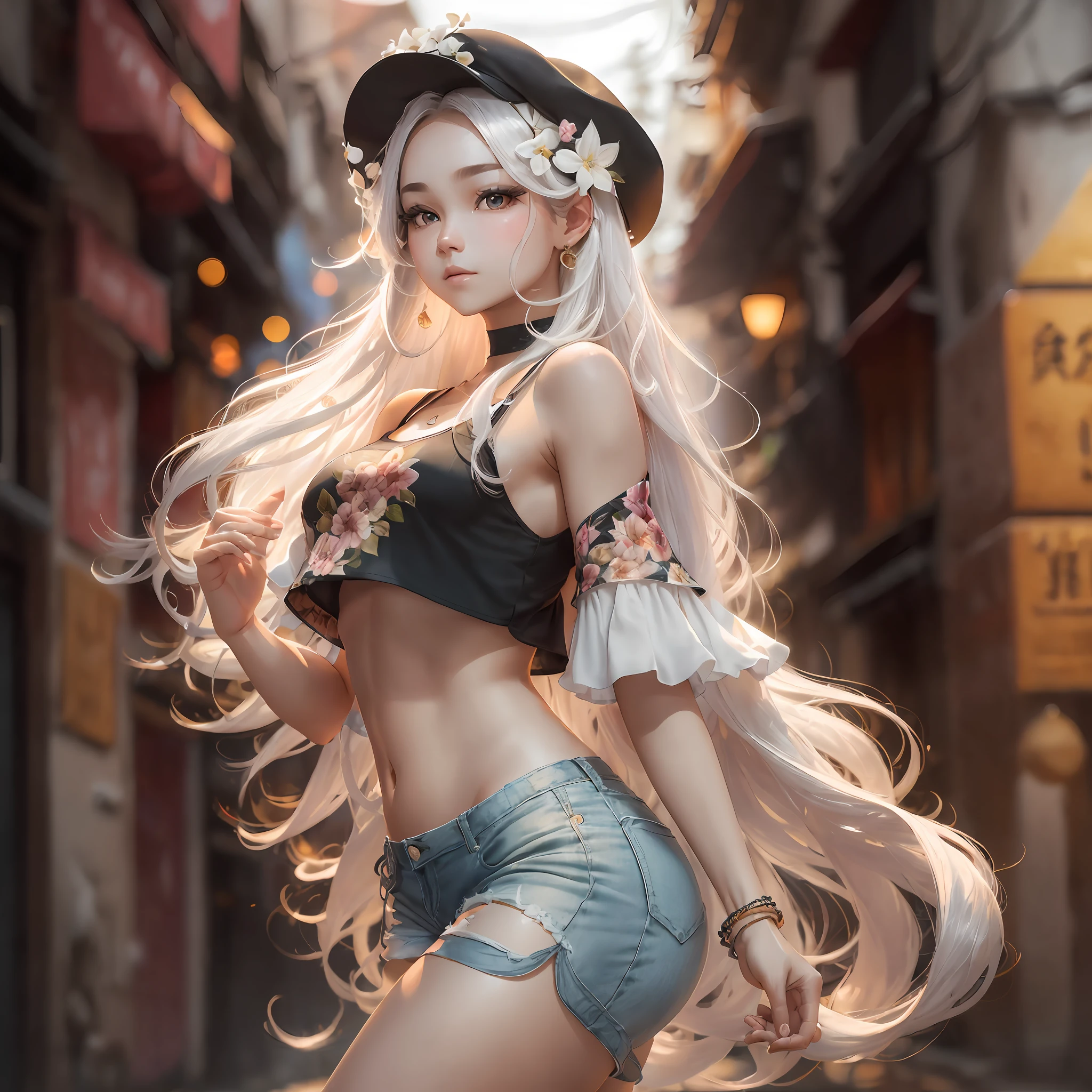 ((Best Quality, 8K, Masterpiece: 1.3)), (Flower Cap: 1.3), Focus: 1.2, Perfect Body Beauty: 1.4, Buttocks: 1.2, (Layered Haircut: 1.2)), (Dark Street: 1.3), Highly Detailed Face and Skin Texture, Full Body, Delicate Eyes, Double Eyelids, Whitened Skin, Long Hair, (Round Face: 1.5), (Loose Crop Top, Shorts: 1.6) --auto --s2