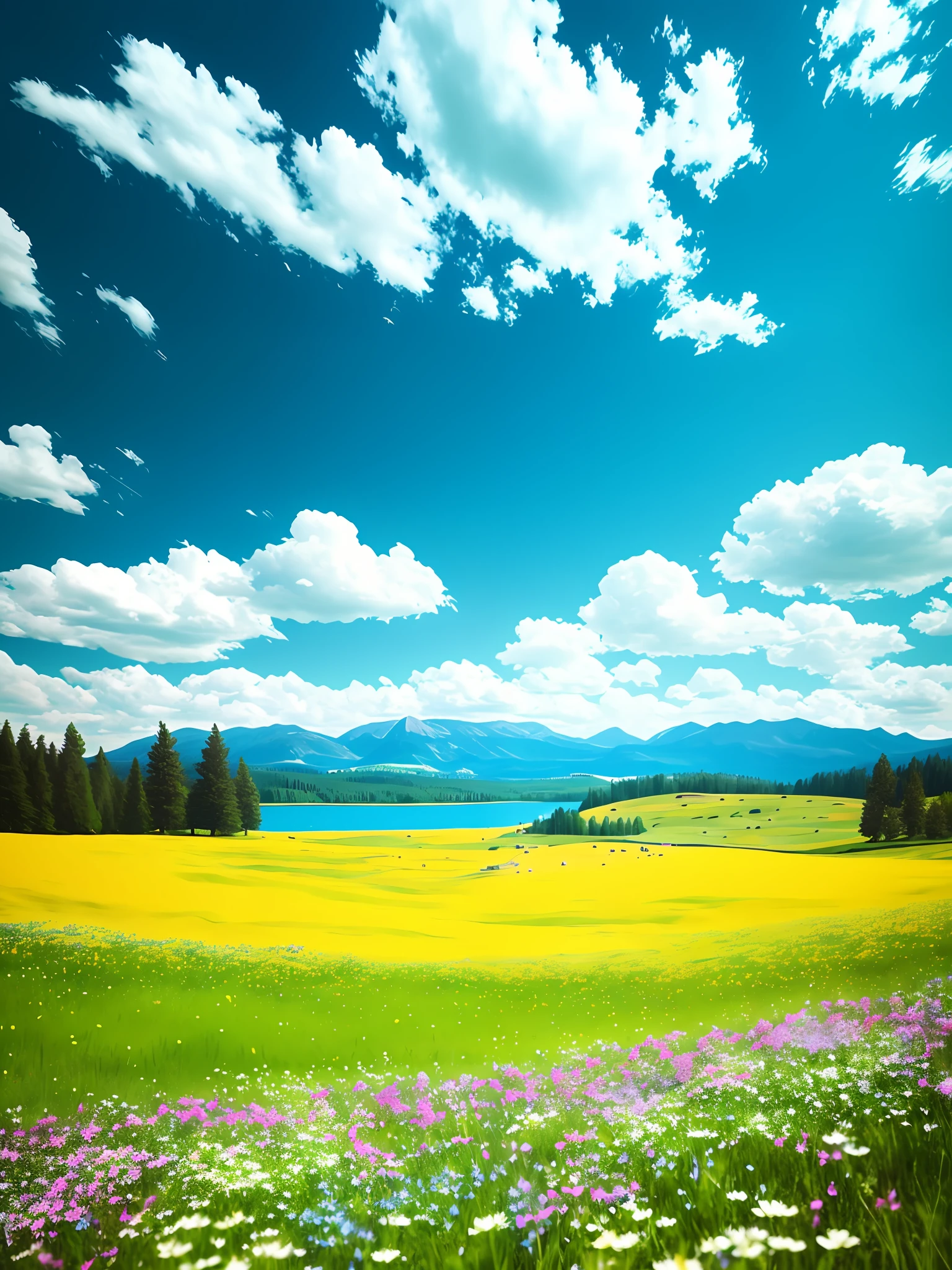 summer, meadow, some small flowers, clear lake, sheep, heaven, big clouds, blue sky, hot weather, HD detail, hyper detail, film, surrealism, soft light, deep field focus bokeh, distant scenery is gentle mountain range, ray tracing, surrealism. --v6