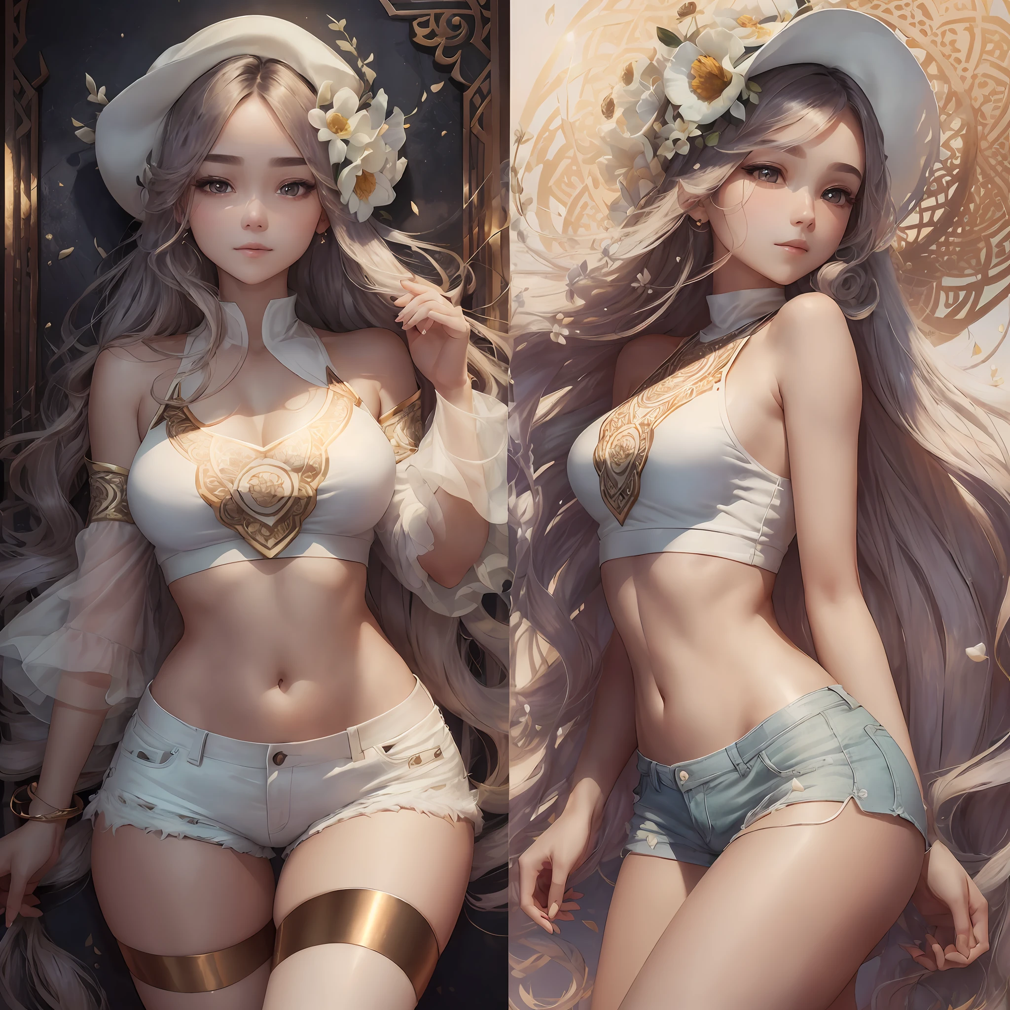 ((Best Quality, 8K, Masterpiece: 1.3)), (Flower Cap: 1.3), Focus: 1.2, Perfect Body Beauty: 1.4, Buttocks: 1.2, (Layered Haircut: 1.2)), (Dark Street: 1.3), Highly Detailed Face and Skin Texture, Full Body, Delicate Eyes, Double Eyelids, Whitened Skin, Long Hair, (Round Face: 1.5), (Loose Crop Top, Shorts: 1.6) --auto --s2