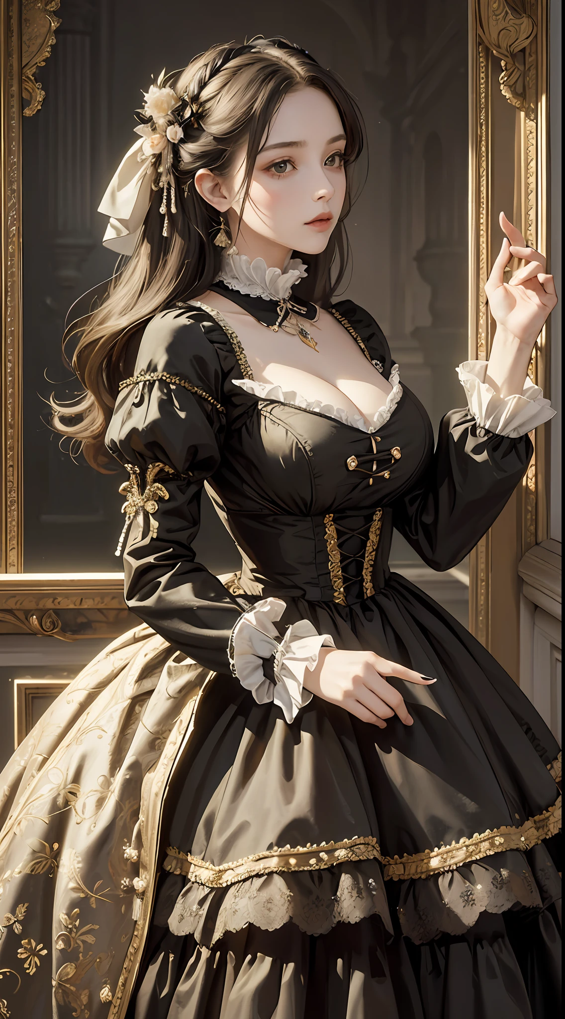 (Pure Color: 0.9), (Color: 1.1), (Masterpiece: 1,2), Best Quality, Masterpiece, High Resolution, Original, Highly Detailed Wallpaper, Beauty, Victorian, Dress, Melancholy, Big Breasts, Sepia Color, 30 years old --auto --s2