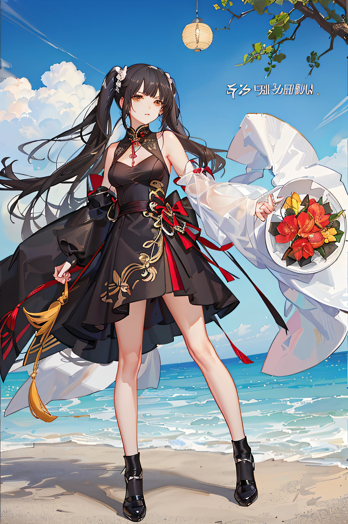 girl, full body, (face detail: 1.2),masterpiece,fashion,cheongsam,,medium hair,black hair,twin tails,blunt bangs,brown eyes,