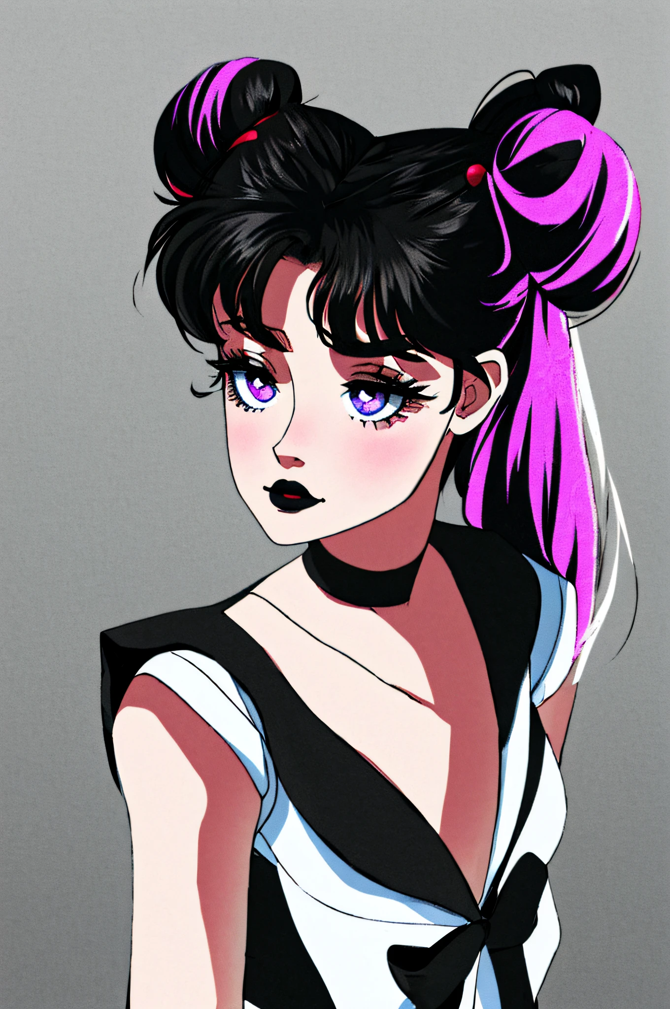 masterpiece, best quality, 1girl, gothic, black lips, solo, black hair, makeup, twin tails, hair buns, sailor moon, multicolored hair, white hair, bangs, eyeshadow, cross, hair bow, bow, lipstick, two-tone hair, fishnets, mascara, black background, hair ornament