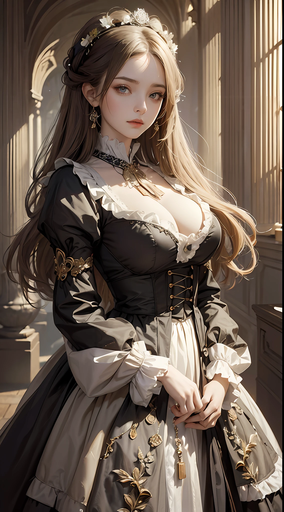 (Pure Color: 0.9), (Color: 1.1), (Masterpiece: 1,2), Best Quality, Masterpiece, High Resolution, Original, Highly Detailed Wallpaper, Beauty, Victorian, Dress, Melancholy, Big Breasts, Sepia Color, 30 years old --auto --s2