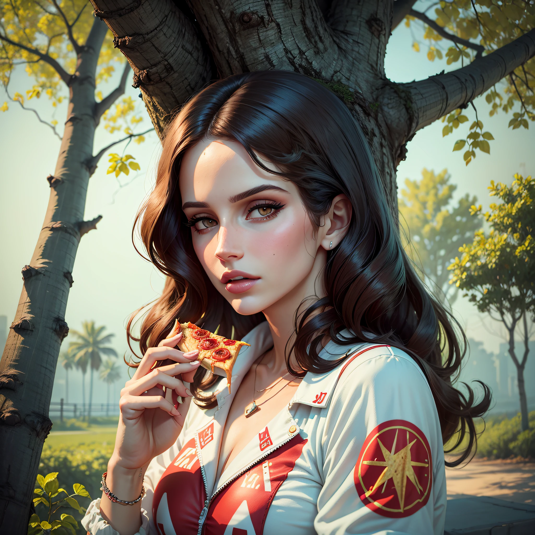 Lana Del Rey eating pizza on the tree. --auto --s2