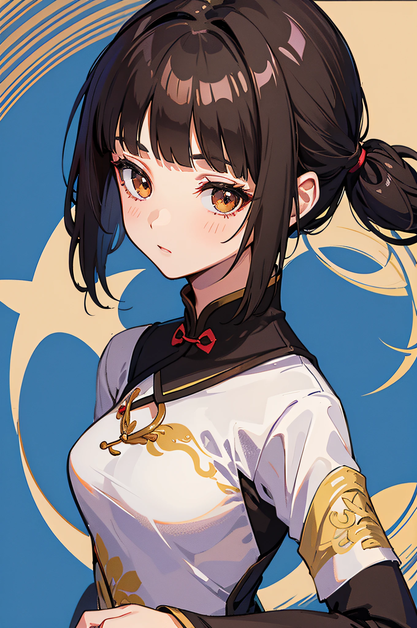 girl, full body, (face detail: 1.2),masterpiece,fashion,cheongsam,,medium hair,black hair,twin tails,blunt bangs,brown eyes,