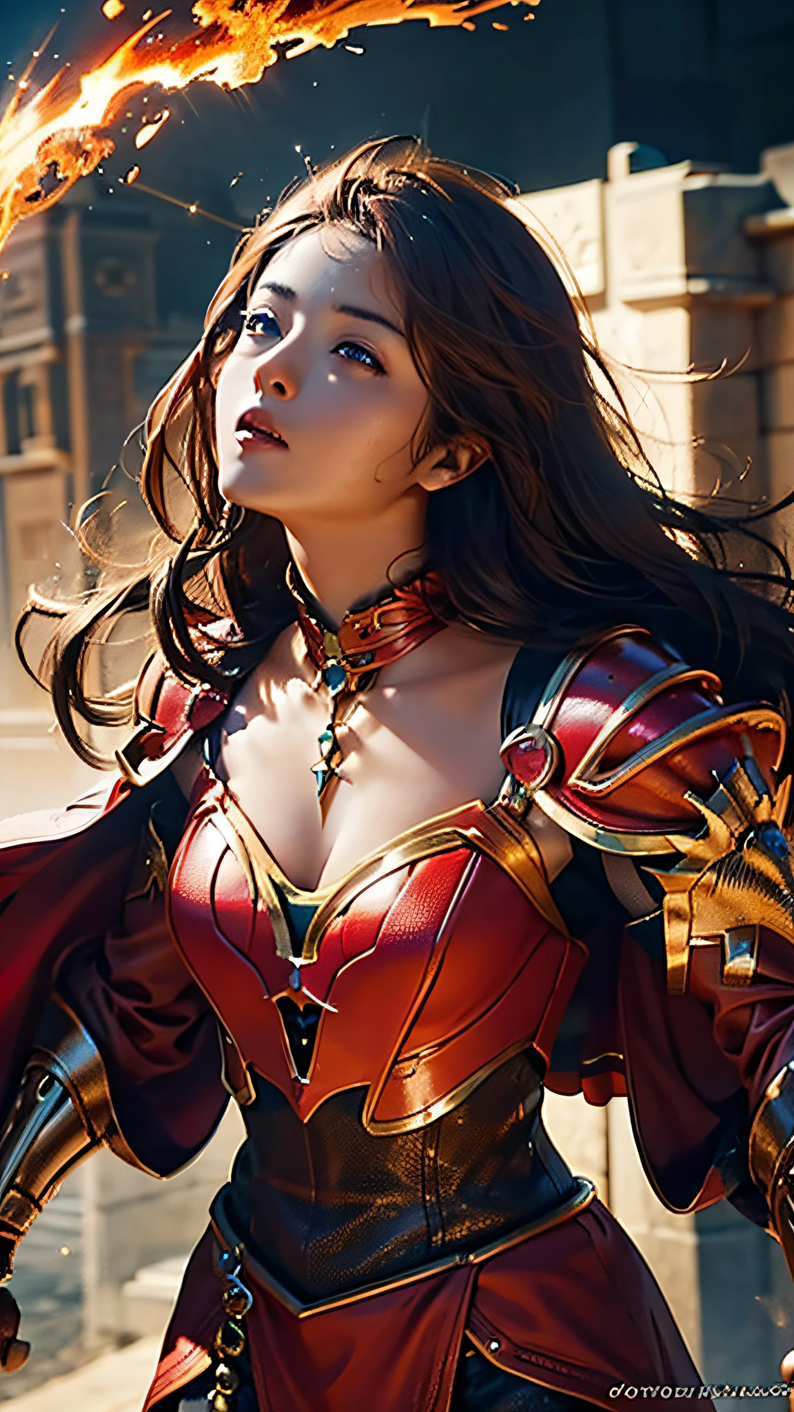 Official Art, Unity 8k Wallpaper, Ultra Detail, Masterpiece, Best Quality, One Woman, (Very Detail), Dynamic Angle, Mystical Expression, Fire Glowing Effect, Fantasy Background, Rim Lighting, Side Light, Cinematic Light, Ultra High Definition, 8k UHD, Ultra Detailed Complex 3D Rendering of Face, (Big: 6.8), Film Grain,Best Shadow, Delicate, RAW, Light Particles, Detailed skin texture, detailed gemstone armor texture, detailed face, complex detail, super detail, bright, strong, red armor, cleavage, has glowing weapons, has a shield, pole dron, (((brown hair)), long hair, glowing brown eyes, long yellow cloak, fantasy, (realistic),