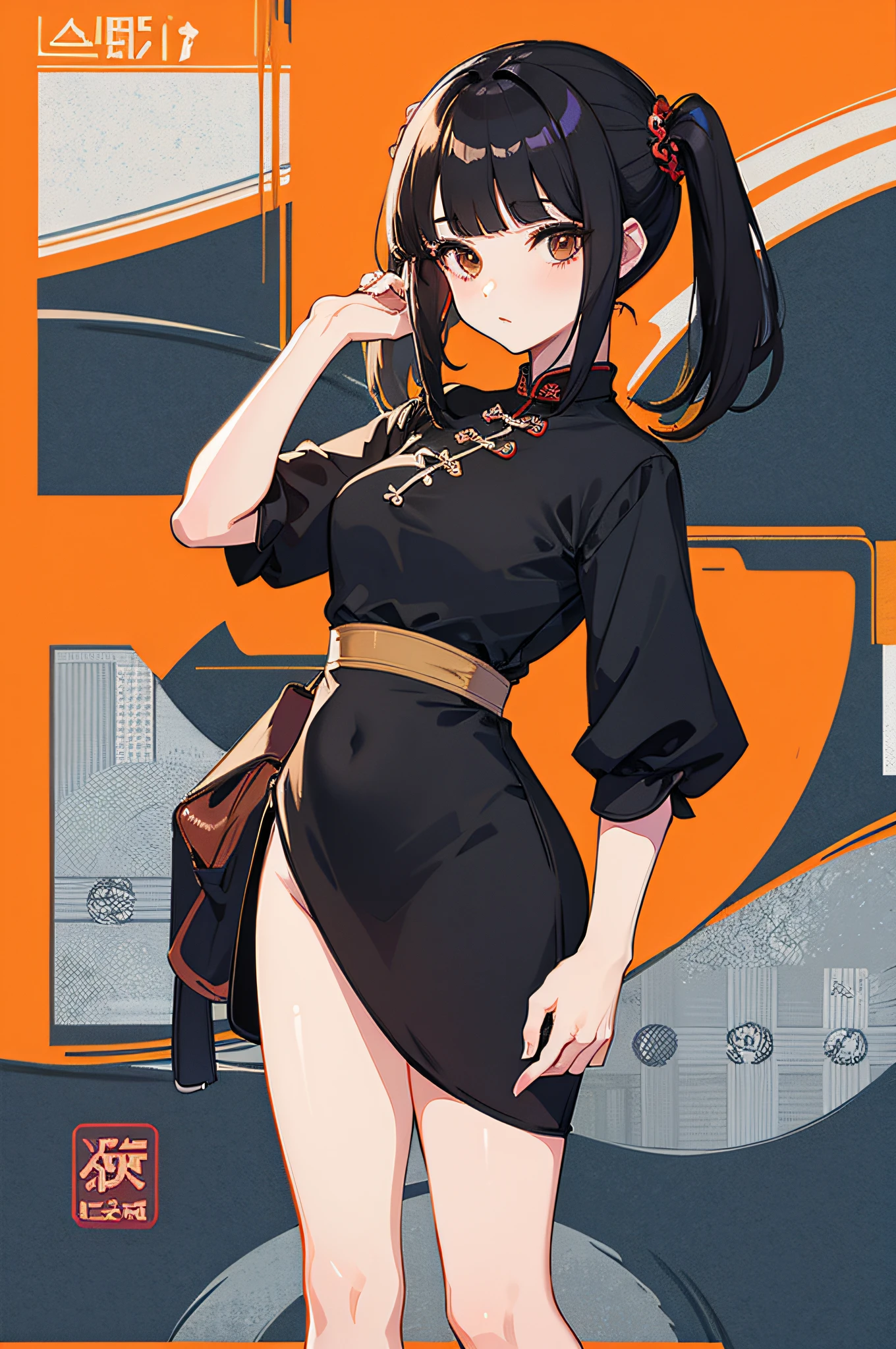 girl, full body, (face detail: 1.2),masterpiece,fashion,cheongsam,,medium hair,black hair,twin tails,blunt bangs,brown eyes,