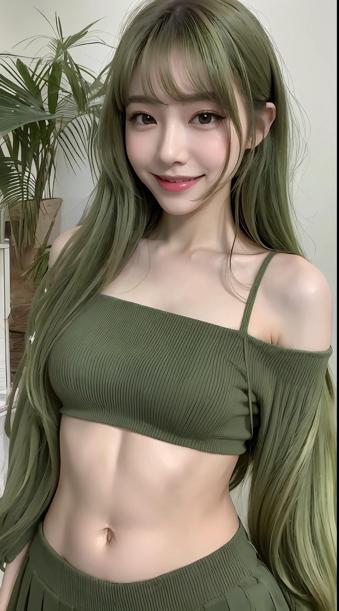 ((Daytime, Real Light, Top Quality, 8k, Masterpiece: 1.3)), 1 girl, height 145 cm, Beautiful girl: 1.4, abs 3.0, buttocks 1.5, (matte green medium hair, small), Mini skirt: 1.2, off-shoulder, white studio, ultra-detailed face, ultra-detailed eyes, back duplex, eyeliner, bangs free, navel, piercing, smile,