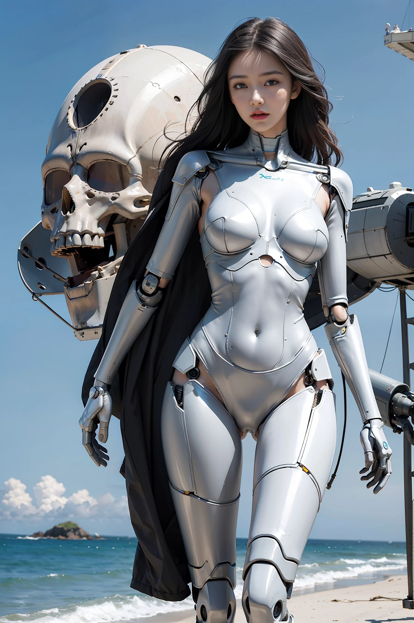 Best quality, delicate face, 25-year-old girl, slim body, mechanical body, robot skeleton, seaside, standing, beach, there are huge alien spaceships floating in the air, cyberpunk, sci-fi