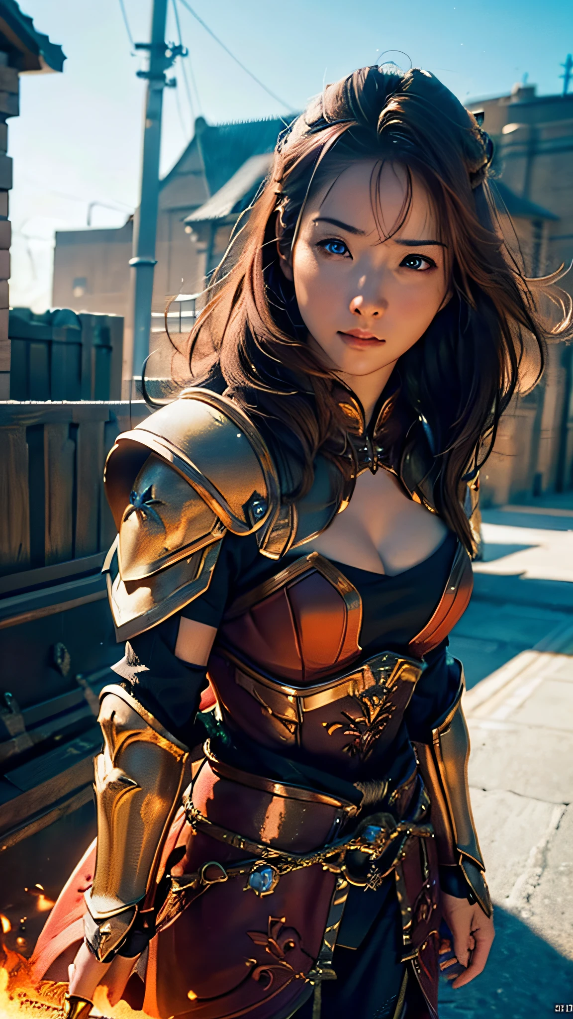 Official Art, Unity 8k Wallpaper, Ultra Detail, Masterpiece, Best Quality, One Woman, (Very Detail), Dynamic Angle, Mystical Expression, Fire Glowing Effect, Fantasy Background, Rim Lighting, Side Light, Cinematic Light, Ultra High Definition, 8k UHD, Ultra Detailed Complex 3D Rendering of Face, (Big: 6.8), Film Grain,Best Shadow, Delicate, RAW, Light Particles, Detailed skin texture, detailed gemstone armor texture, detailed face, complex detail, super detail, bright, strong, red armor, cleavage, has glowing weapons, has a shield, pole dron, (((brown hair)), long hair, glowing brown eyes, long yellow cloak, fantasy, (realistic),