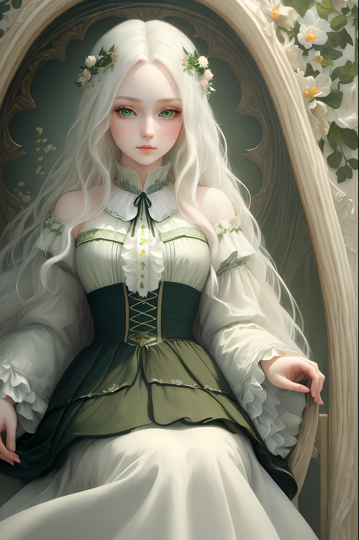 "(((Masterpiece)))), best quality, ultra-detailed details, extremely delicate and beautiful 8k wallpaper, floating, zooming in on the face of a beautiful girl with long white hair, intense green eyes and pale skin."