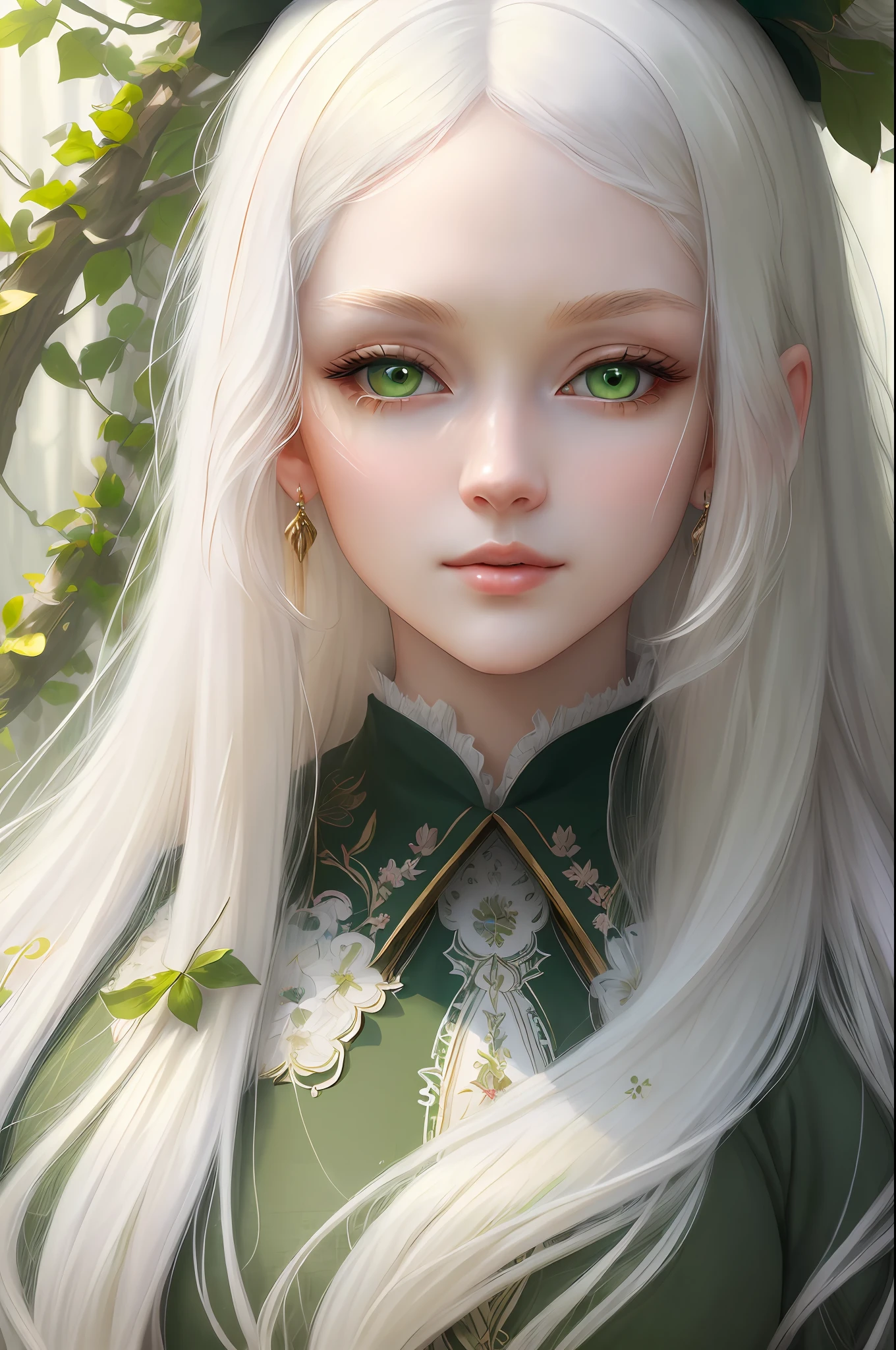"(((Masterpiece)))), best quality, ultra-detailed details, extremely delicate and beautiful 8k wallpaper, floating, zooming in on the face of a beautiful girl with long white hair, intense green eyes and pale skin."
