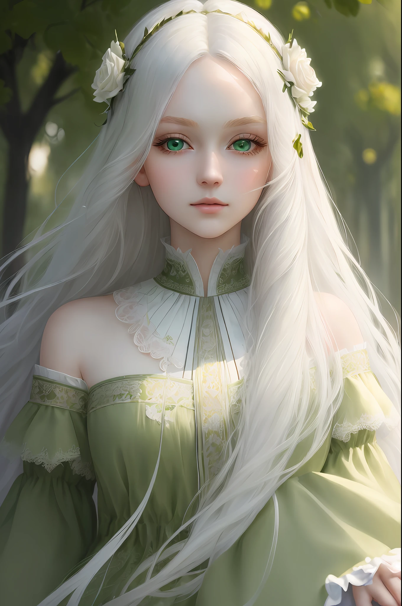 "(((Masterpiece)))), best quality, ultra-detailed details, extremely delicate and beautiful 8k wallpaper, floating, zooming in on the face of a beautiful girl with long white hair, intense green eyes and pale skin."